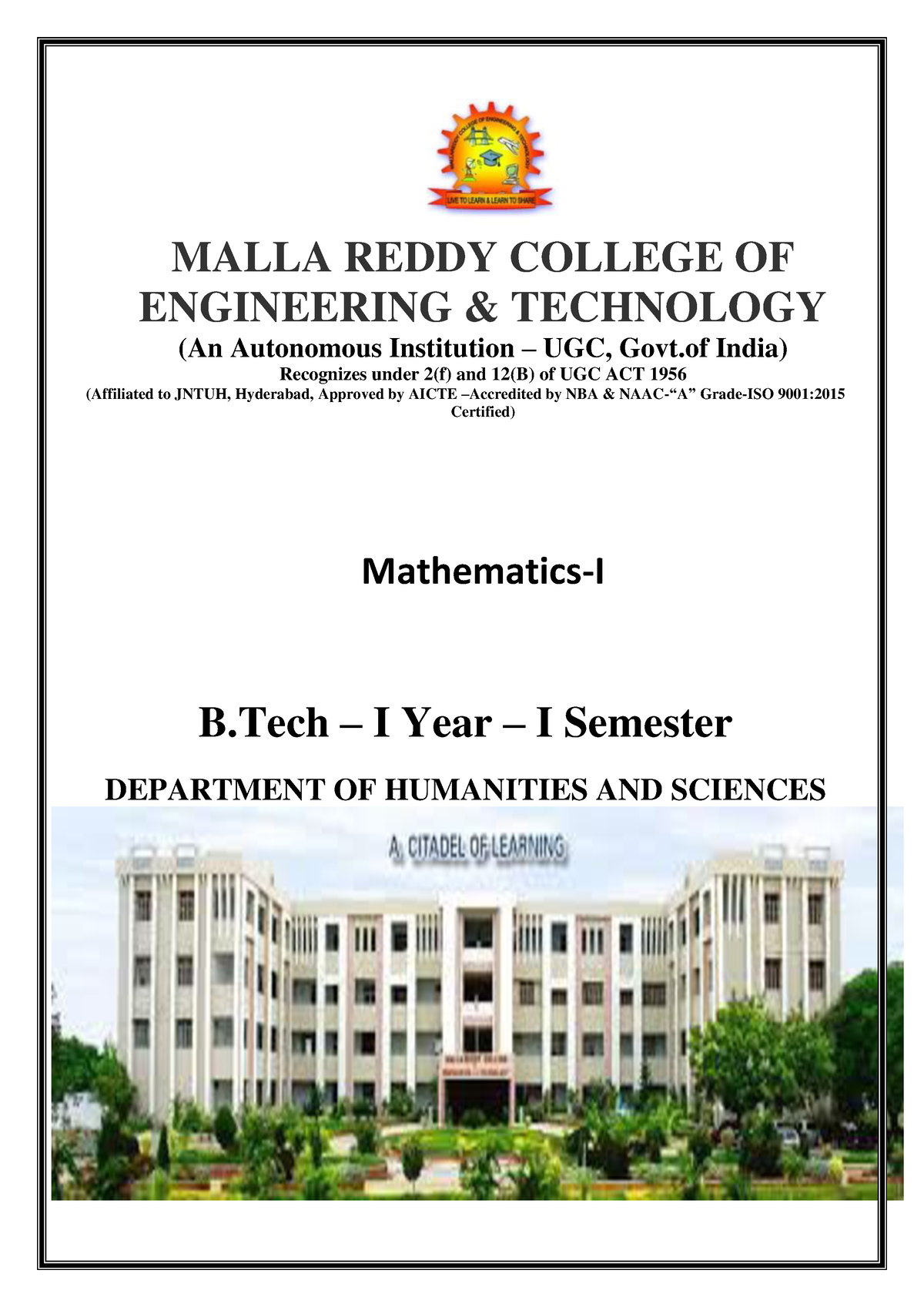 Mathematics-I - Notes - MALLA REDDY COLLEGE OF ENGINEERING & TECHNOLOGY ...