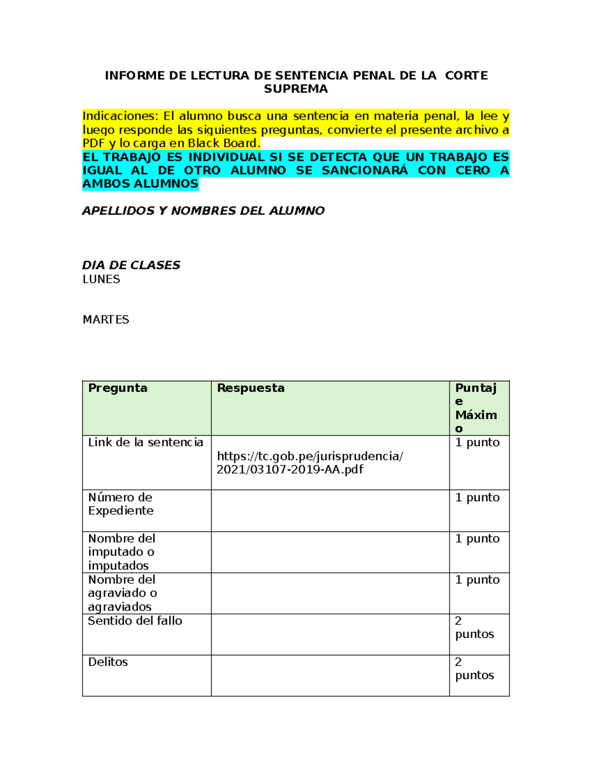 Informe DE Lectura DE Sentencia Penal DE LA Corte Suprema - INFORME DE