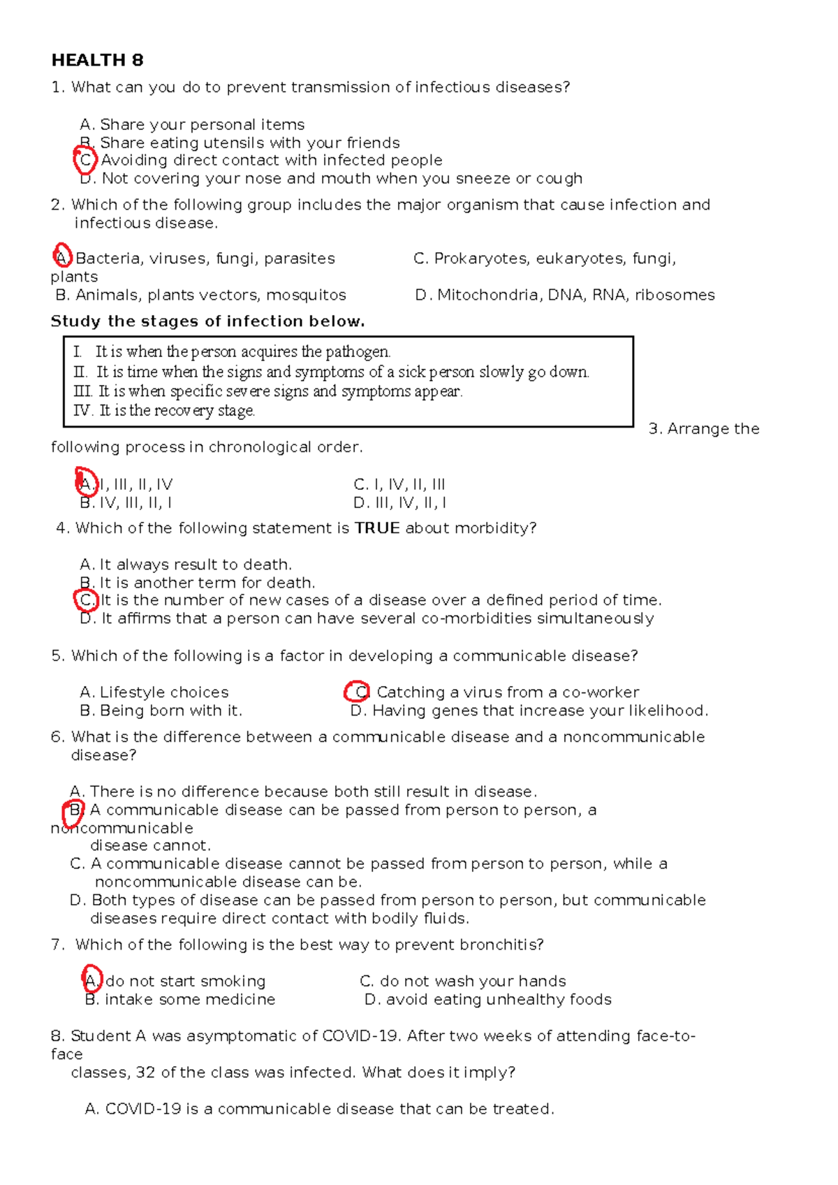 Health 8 Q3 PT HEALTH 8 1. What can you do to prevent transmission of