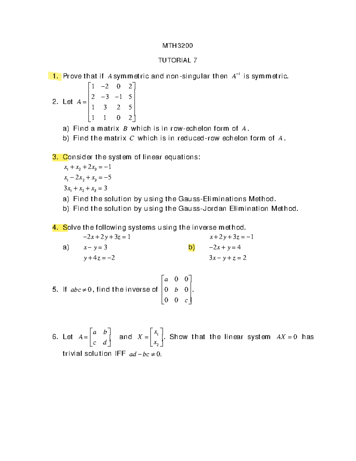 Tutorial 7 MTH3200 Practice - MTH TU TORIAL 7 Prove That If A Symmetric ...