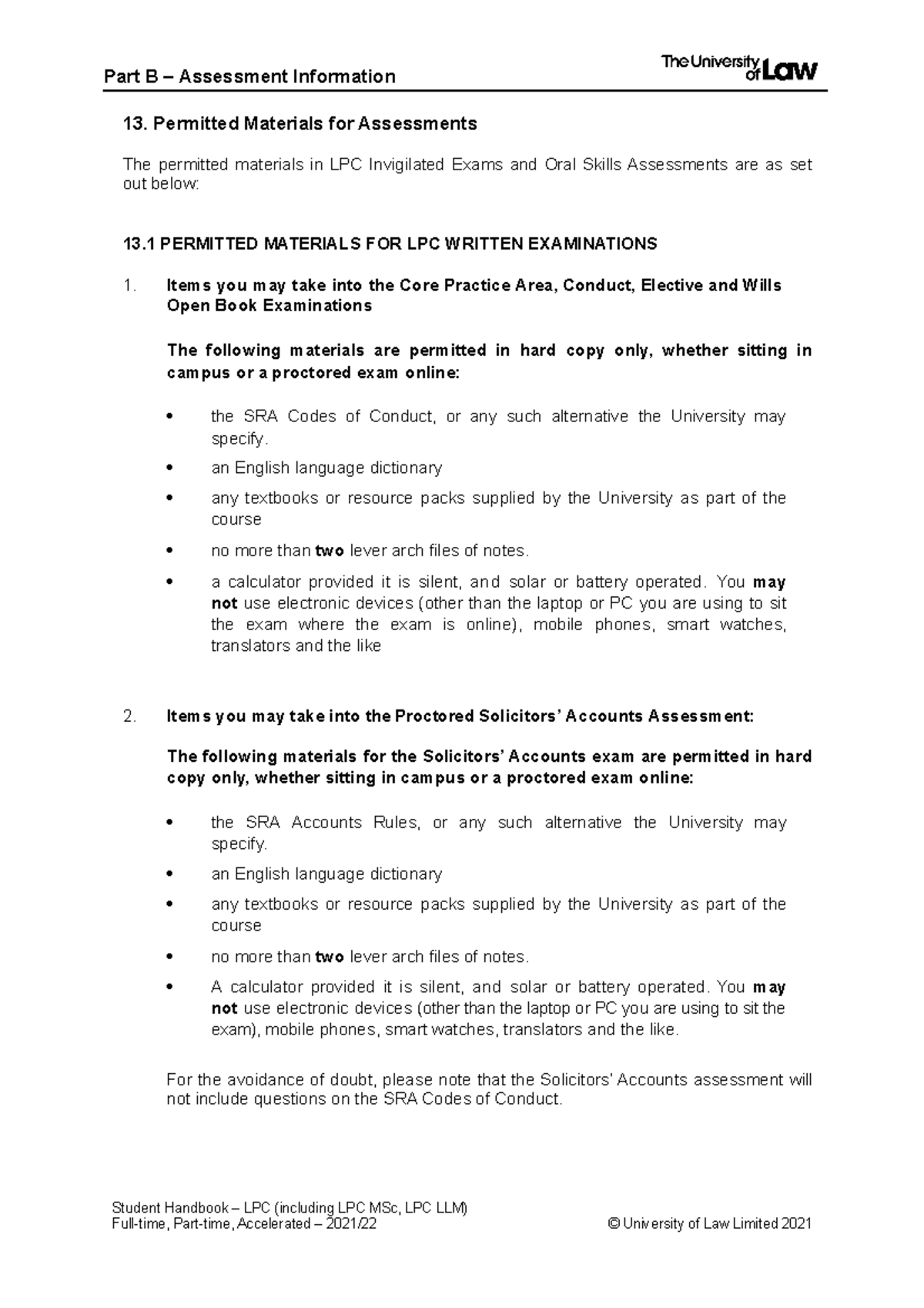 13. Permitted Materials for Assessments Part B Assessment