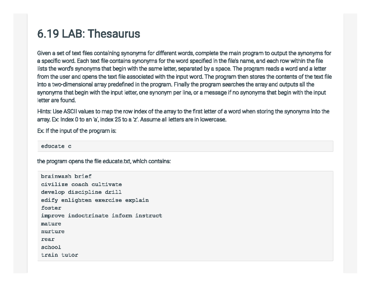 Answered: 8.14 LAB: Thesaurus Given a set of text…