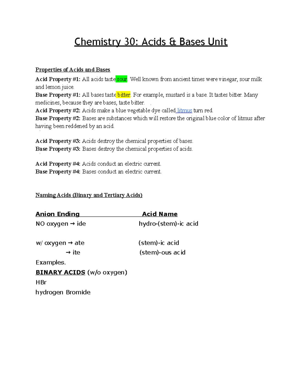 Acids & Bases Period 1 complete acid/base summary and examples