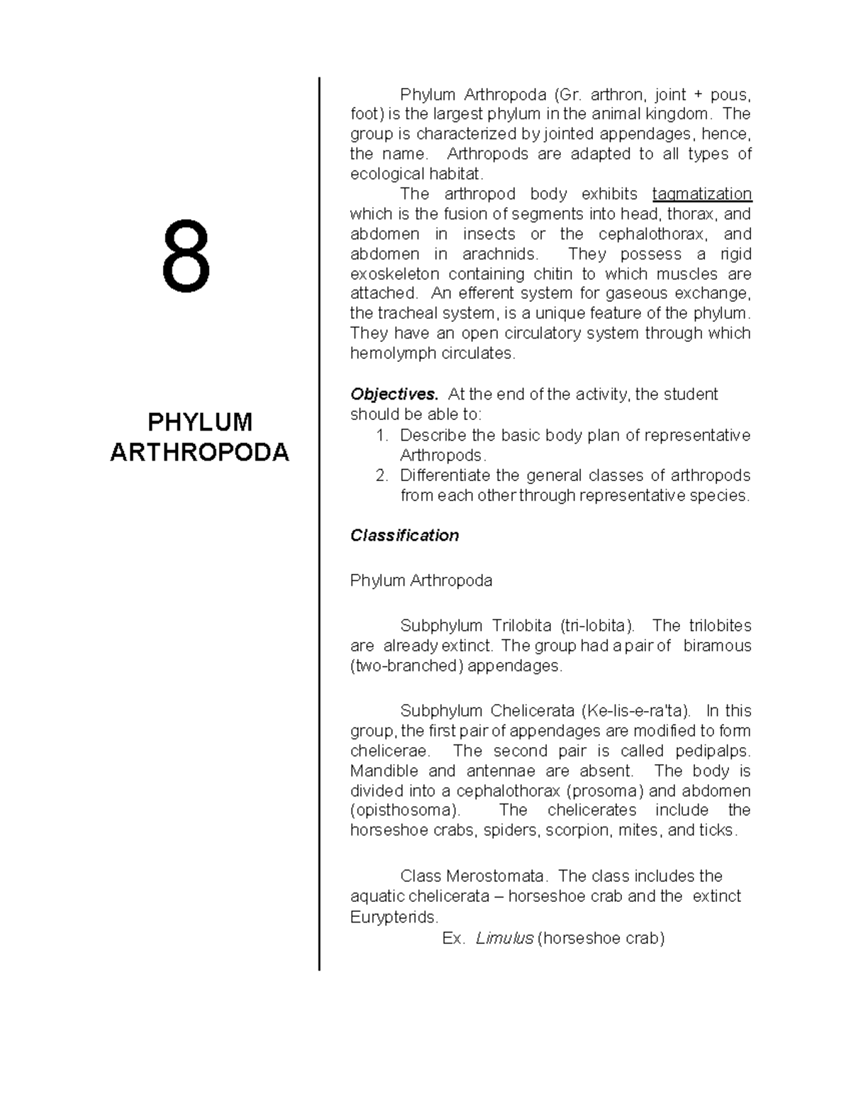 Phylum Arthropoda worksheet - Phylum Arthropoda (Gr. arthron, joint ...