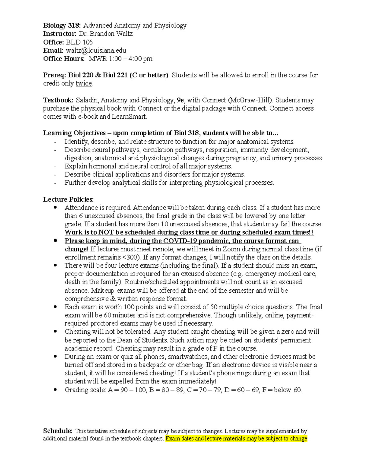 Biology 318 lecture syllabus FA2022 - Biology 318: Advanced Anatomy and ...