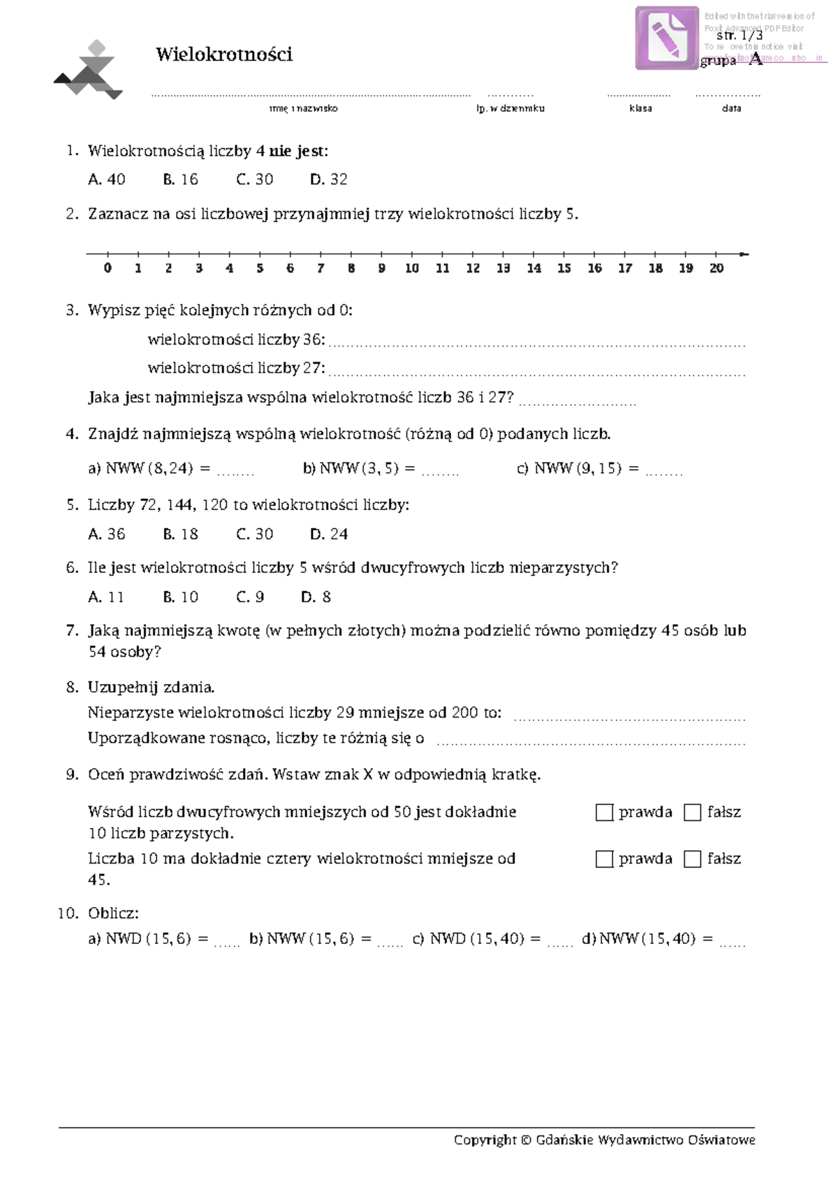 Sprawdzian Z Dzielników I Wielokrotności www.studocu.com