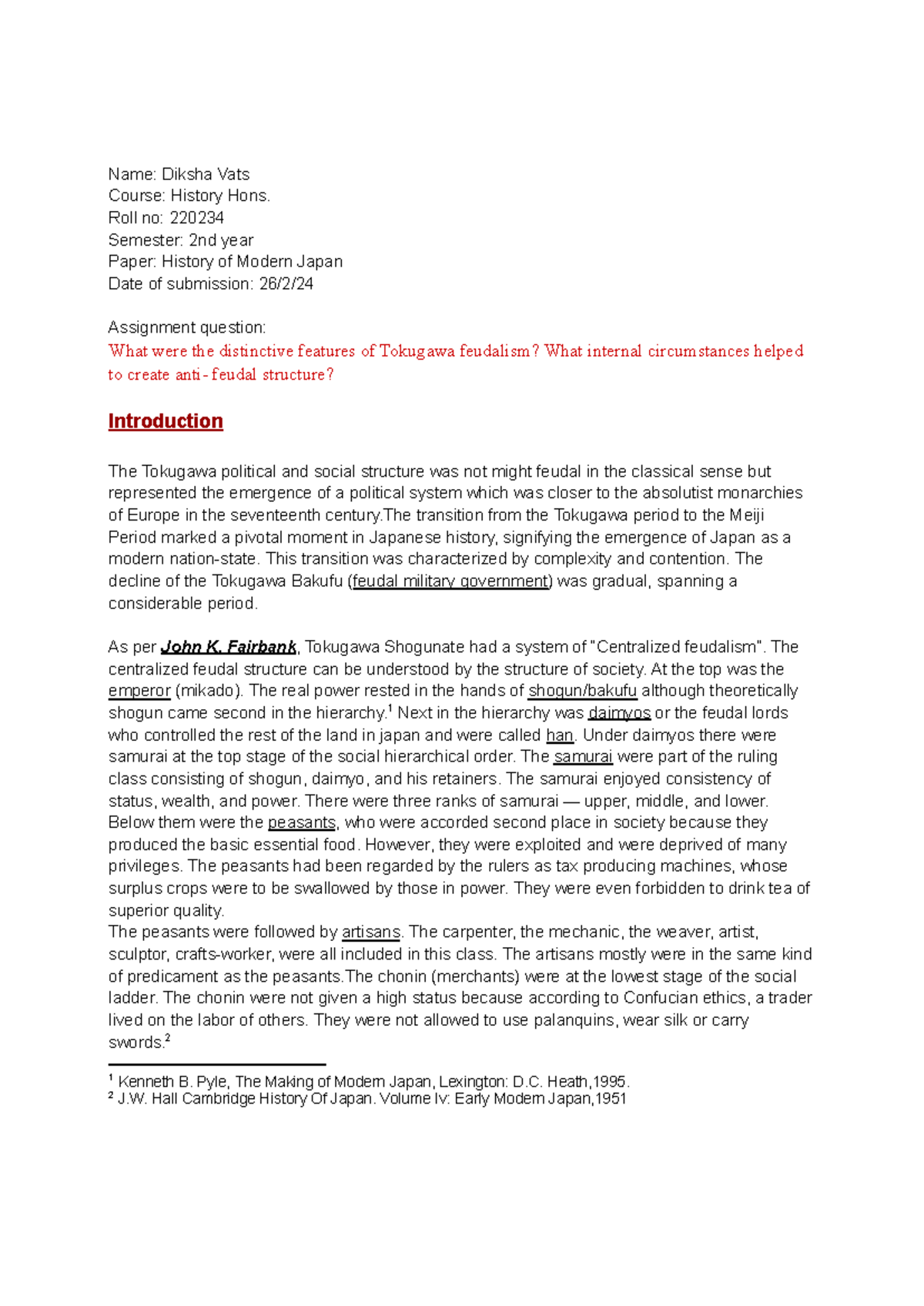 Japan Assignment - Name: Diksha Vats Course: History Hons. Roll no ...