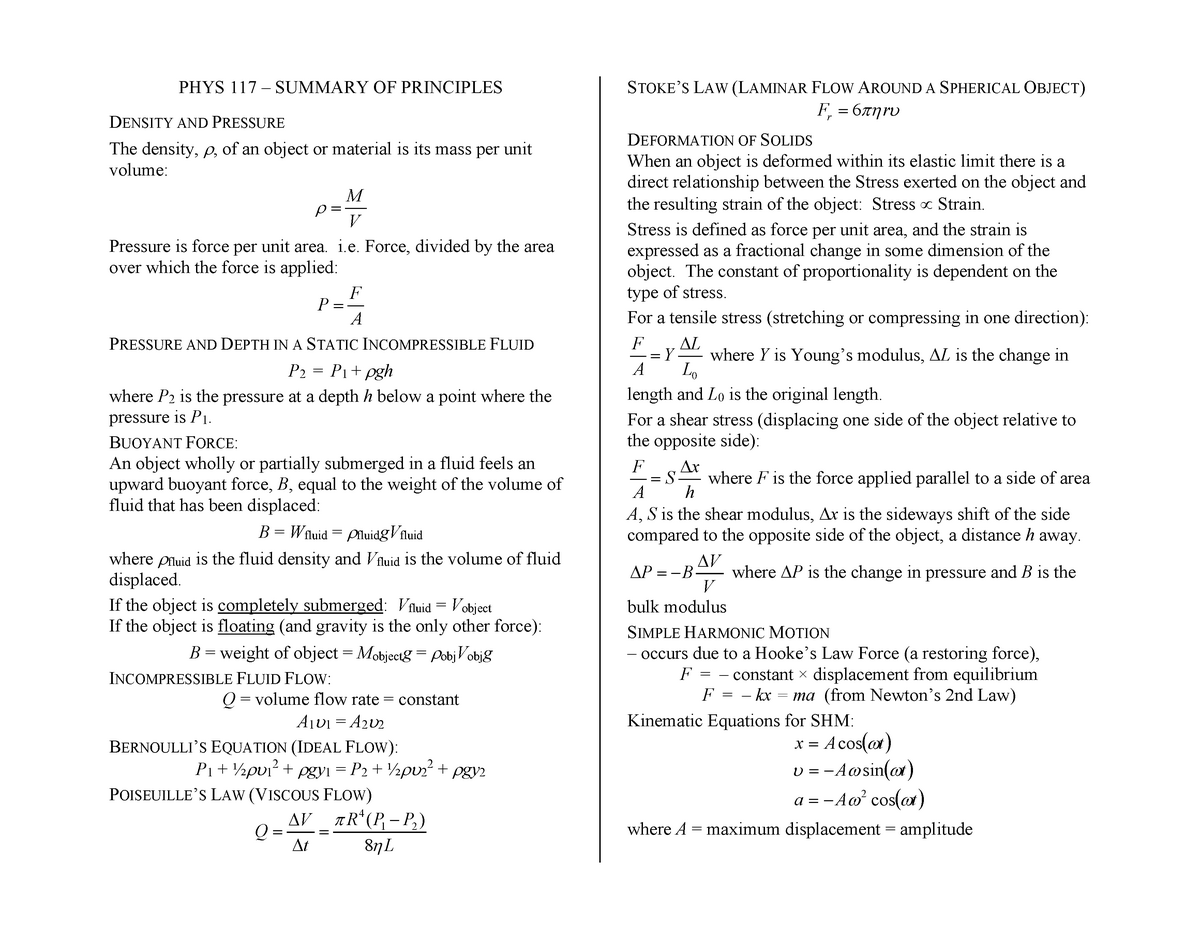 PHYS 117 Summary of Principles - PHYS 117 – SUMMARY OF PRINCIPLES ...