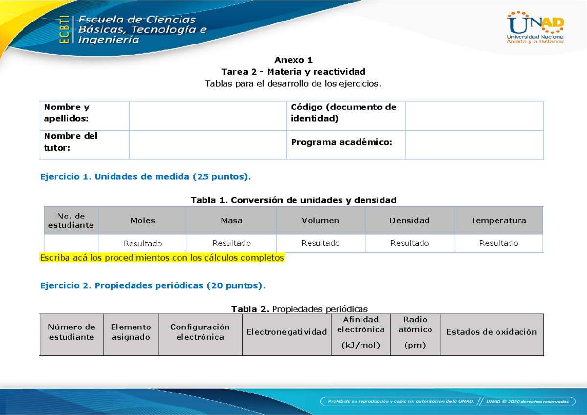 Anexo 1 - Anexo 1 Tarea 2 - Materia Y Reactividad Tablas Para El ...