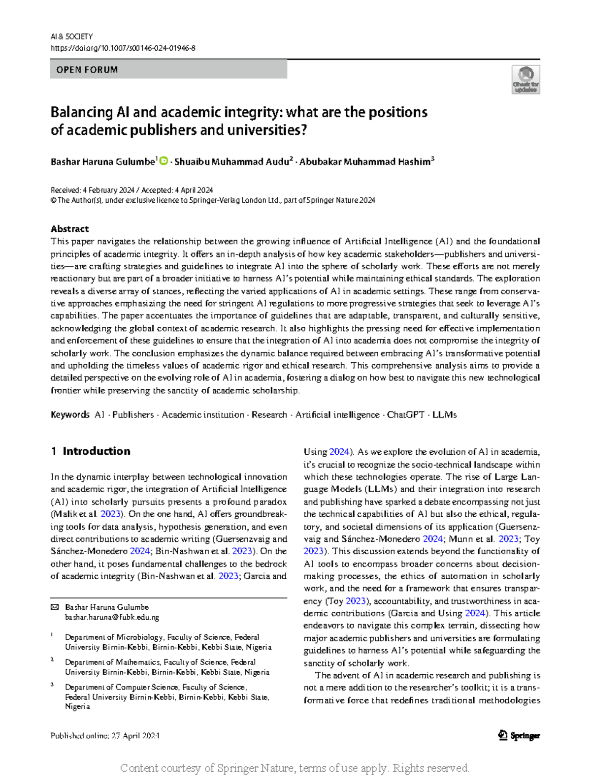 Balancing AI and academic integrity what are the p - Vol.:(0123456789 ...