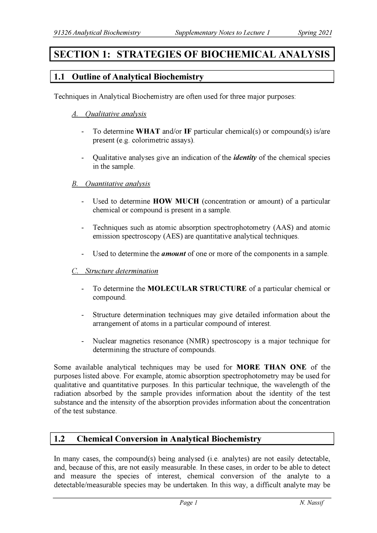 Analytical Biochemistry Lecture 1 Supplementary Notes - SECTION 1 ...