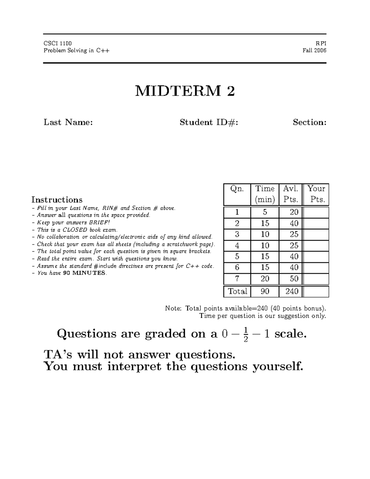Midterm 2 sol - back test for studying - CSCI 1100 RPI Problem Solving ...