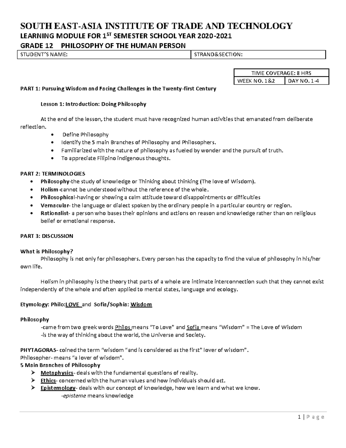 Philo LEARNING MODULE FOR 1ST SEMESTER SCHOOL YEAR 2020 2021 GRADE