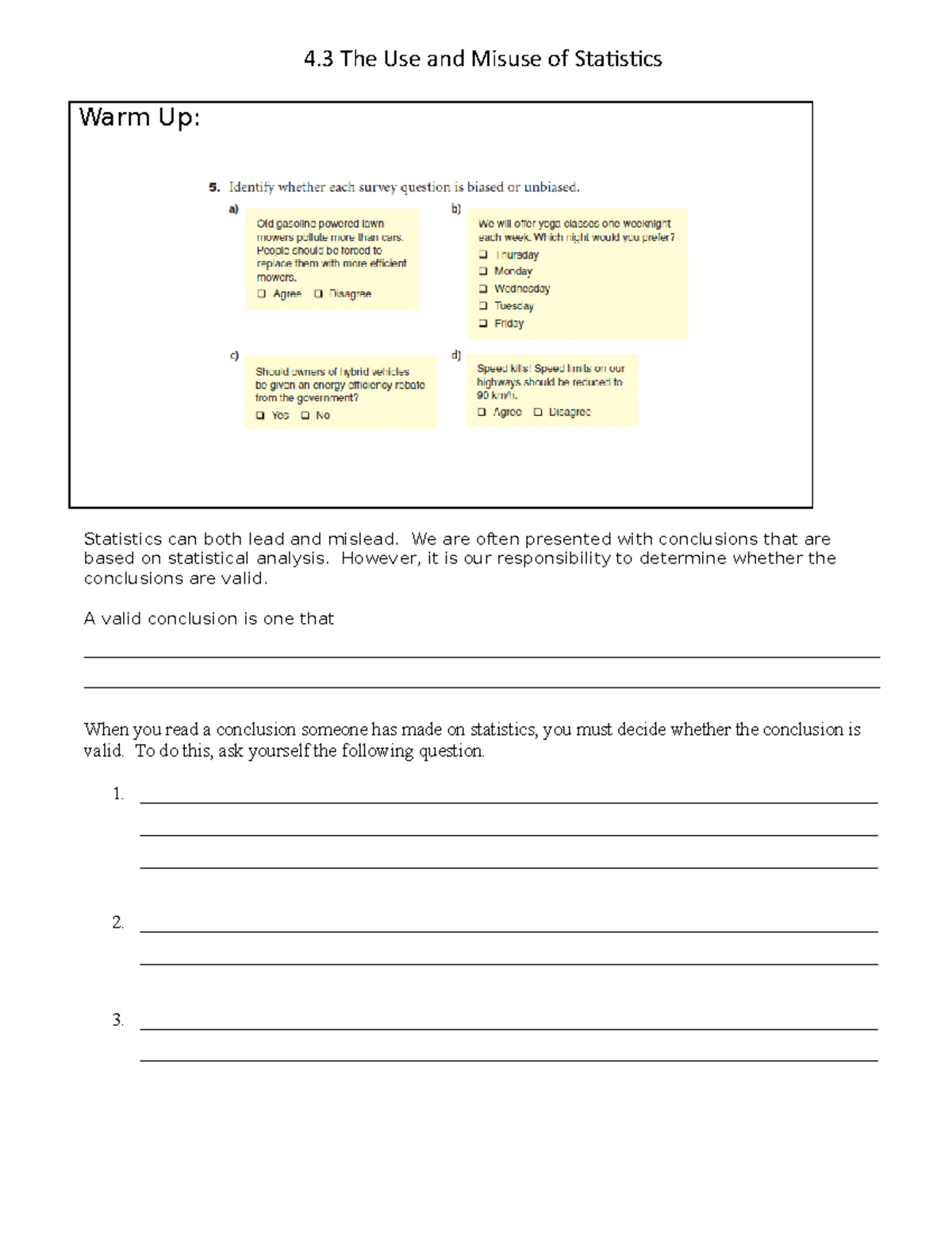 use_and_misuse_of_data - 4 The Use and Misuse of Statistics Warm Up ...