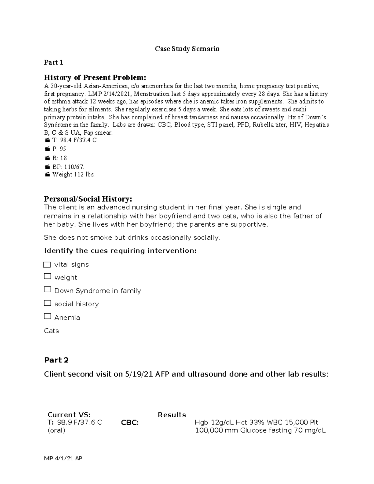 Next Gen Antepartum - Case Study Scenario Part 1 History of Present ...