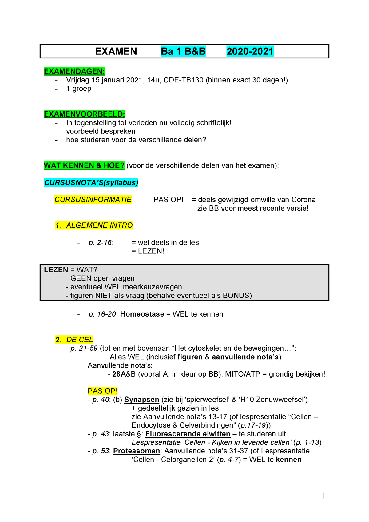 Cursusinhoud Vs Examen B&B 2020-2021 - EXAMEN Ba 1 B&B 2020 -20 21 ...