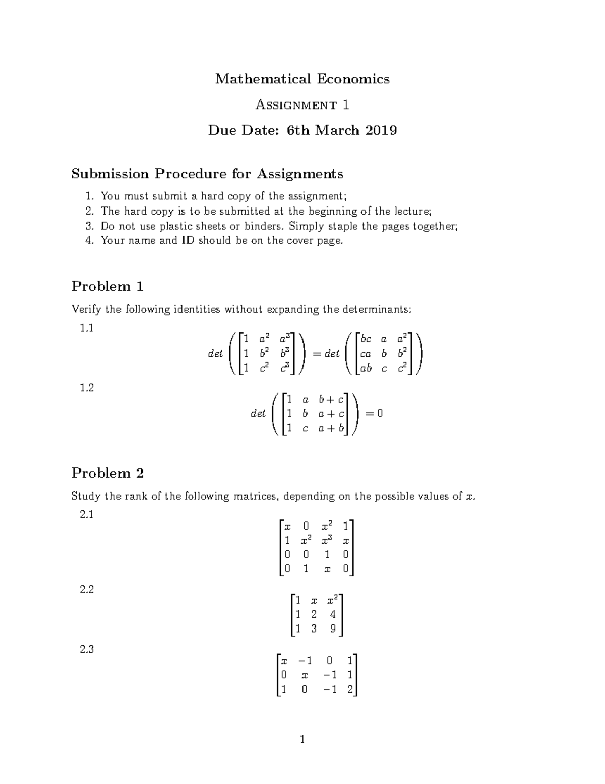 Exam 6 March 2019, questions - Mathematical Economics Assignment 1 Due ...