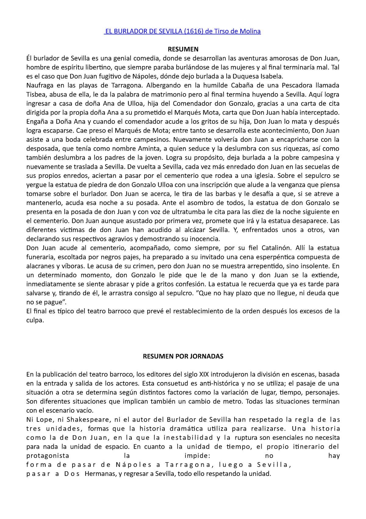 El burlador de sevilla EL BURLADOR DE SEVILLA (1616) de Tirso de