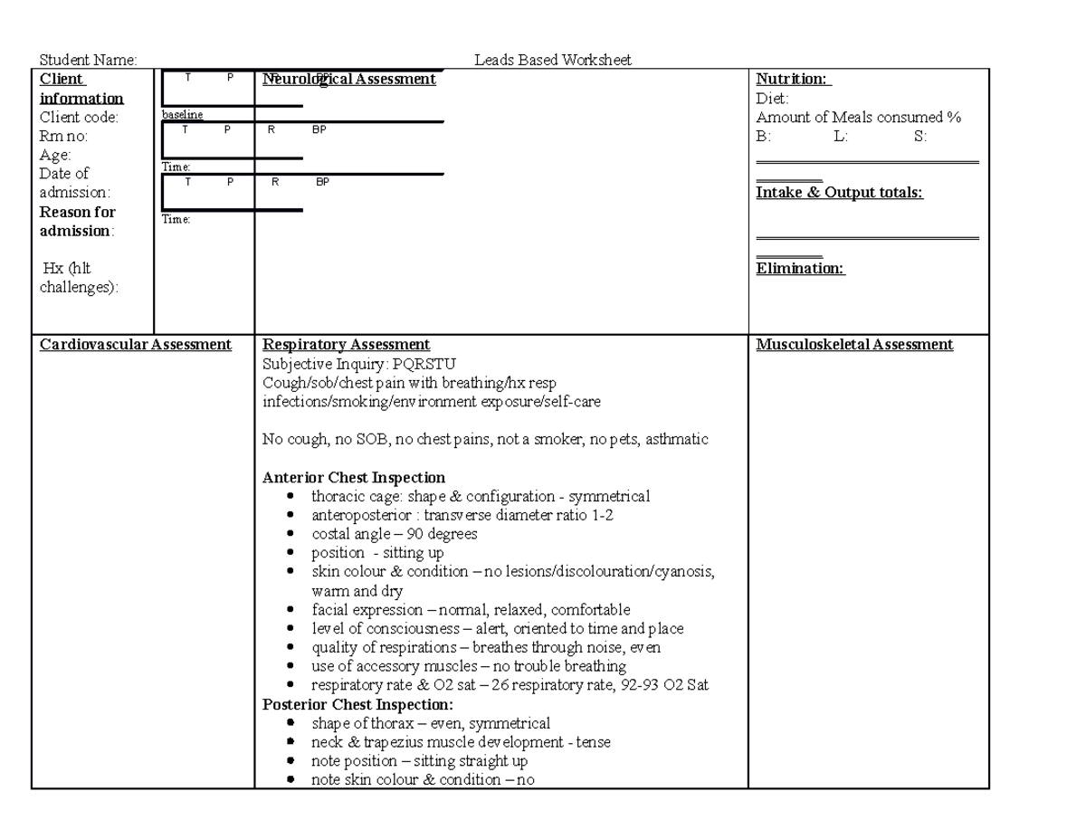 Respiratory Assessment Worksheet Student Name