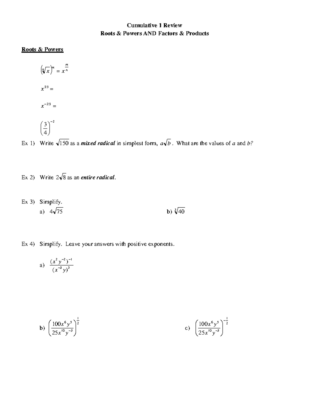 10C Cumulative 1 Review (Ch3 &4) - Cumulative 1 Review Roots & Powers ...
