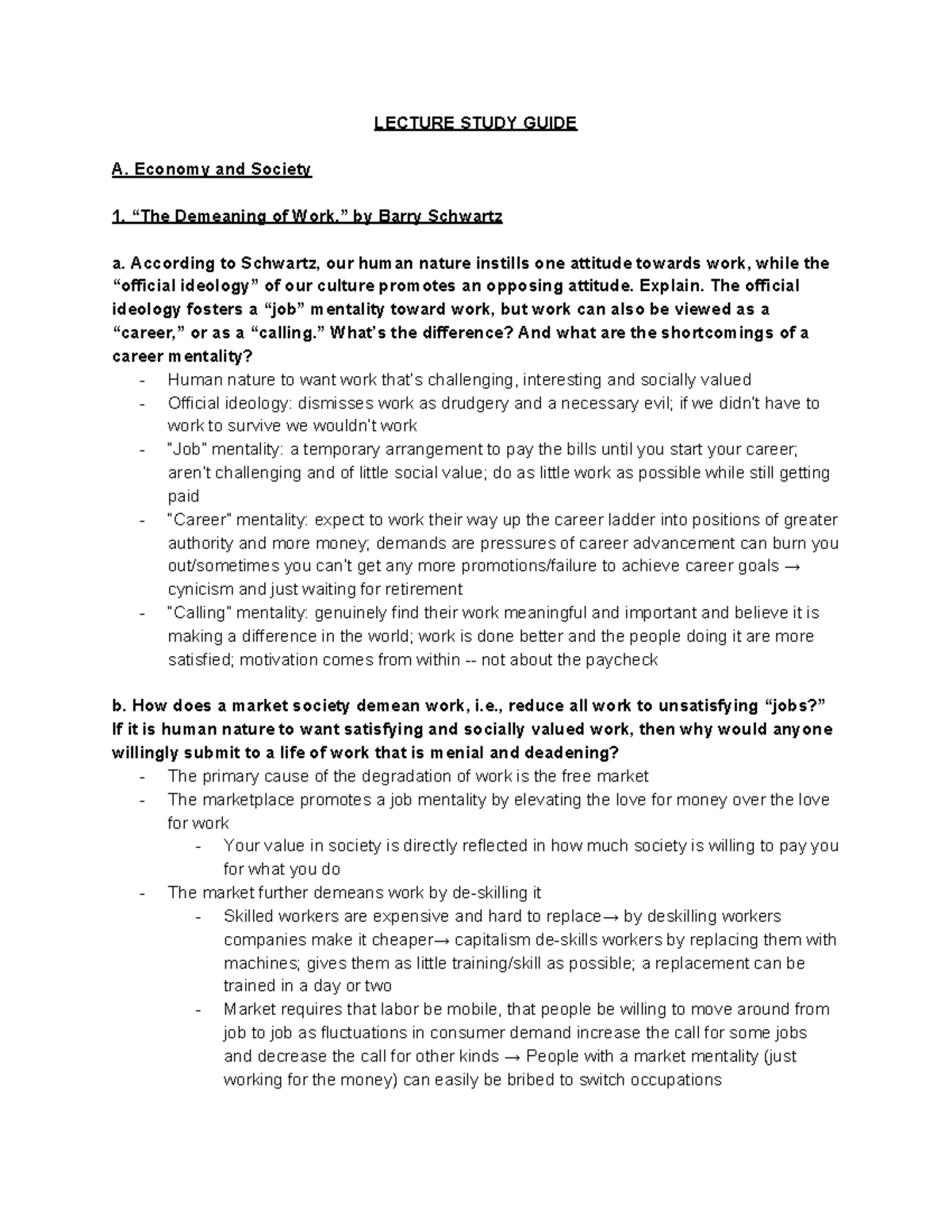 Final Study Guide Soc 1 - LECTURE STUDY GUIDE A. Economy And Society ...