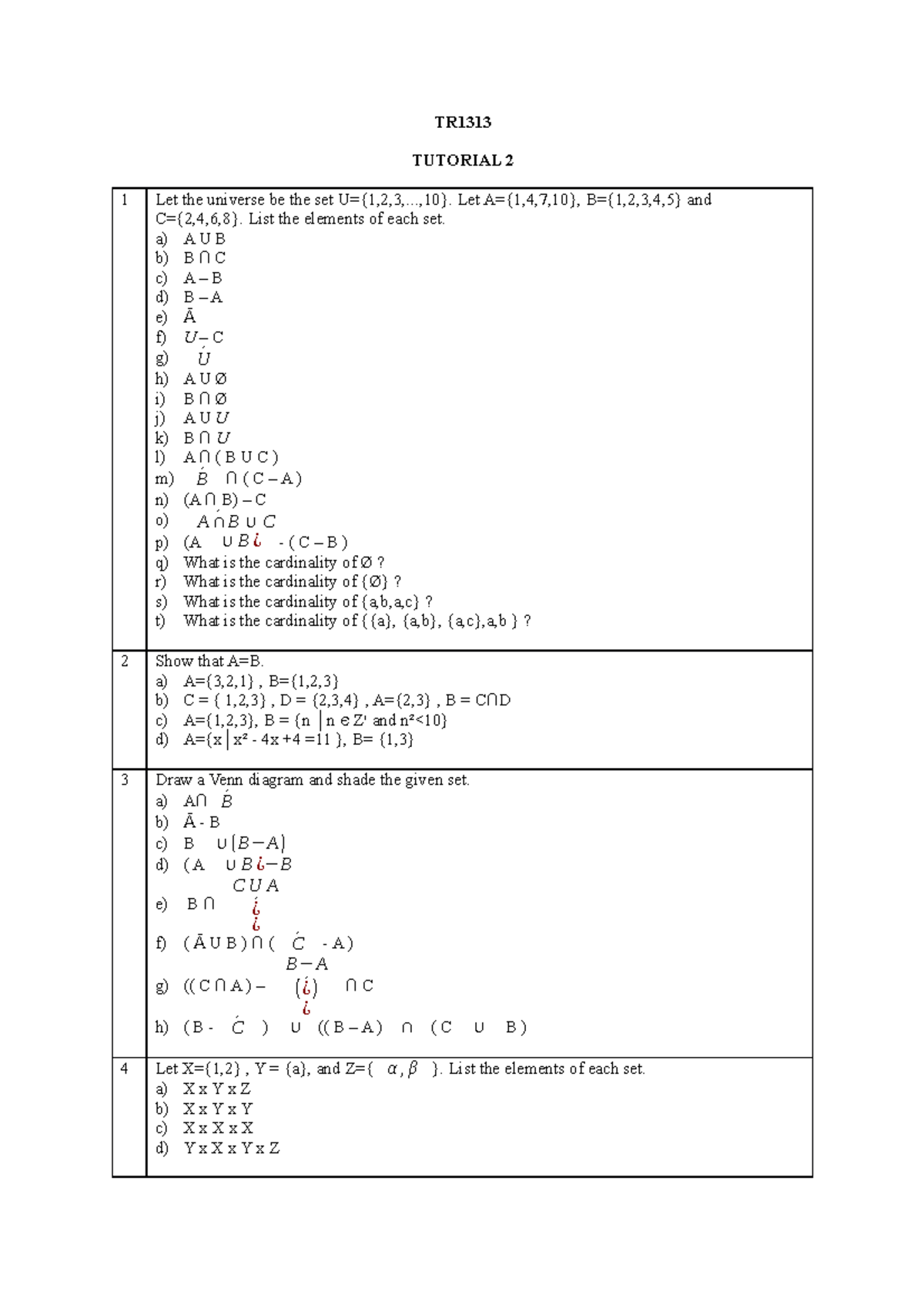 T2mac17 Tutorial 2 Questions For Set 1 Some Questions Are Repeated In The Final Exam Tr1313 Tutorial Let The Universe Be The Set 10 Let 10 And List The Studocu