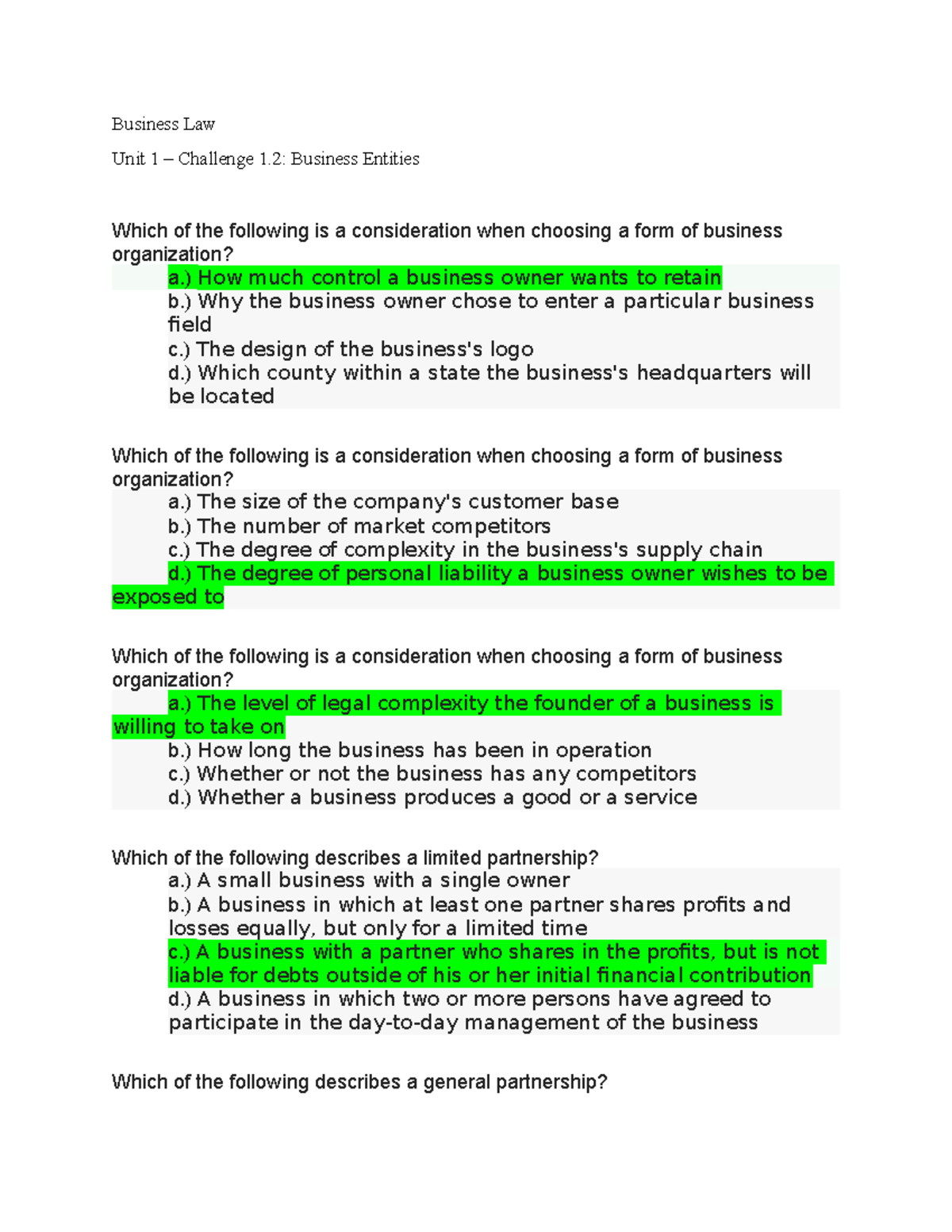 Business Law Unit 1 Challenge 1.2 Business Entities - Business Law Unit 