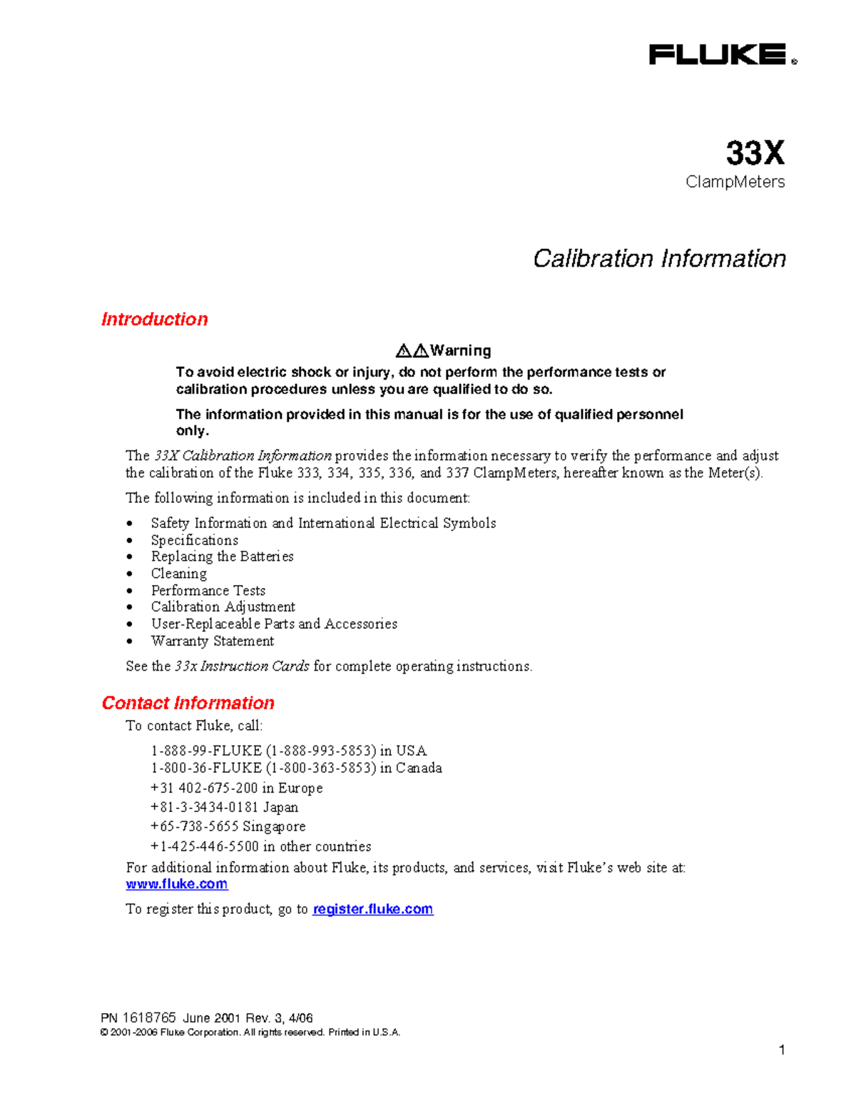 Fluke 333-337 clamp meter calibration 1999 sm - ® PN 1618765 June 2001 ...