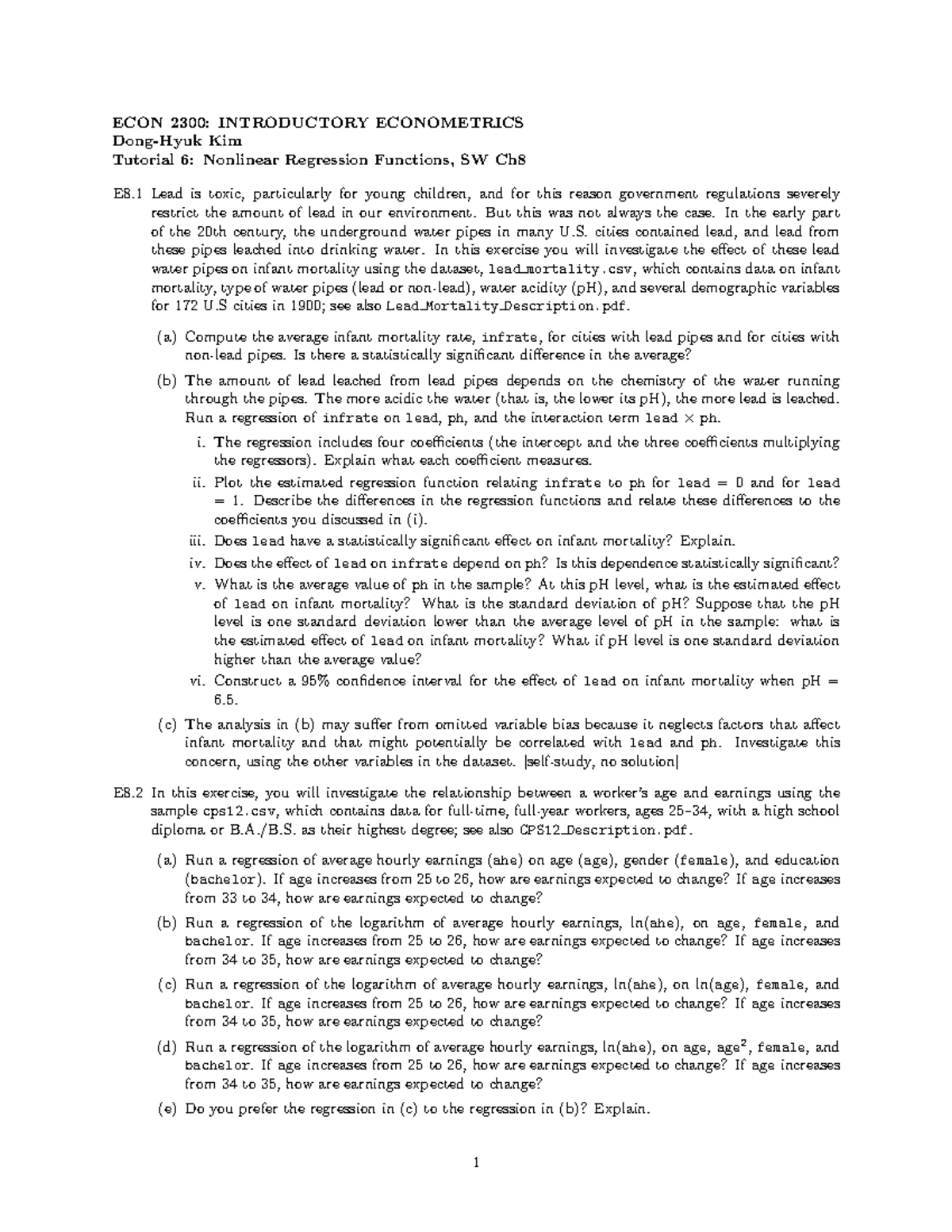 Tutorial 6 - Note - ECON 2300: INTRODUCTORY ECONOMETRICS Dong-Hyuk Kim ...