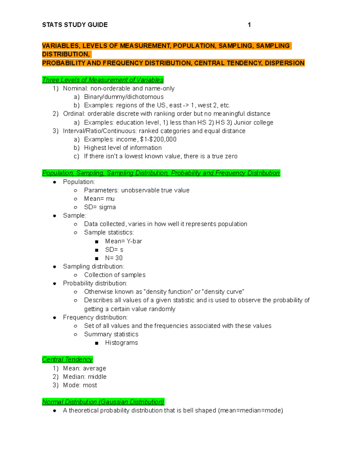 Stats Study Guide - VARIABLES, LEVELS OF MEASUREMENT, POPULATION ...