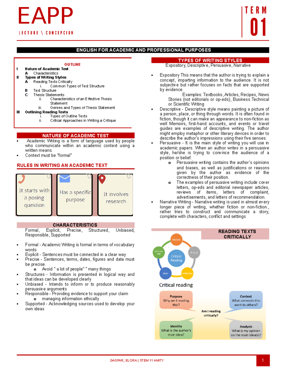 Reviewer First Quarter - ENGLISH FOR ACADEMIC AND PROFESSIONAL PURPOSES ...