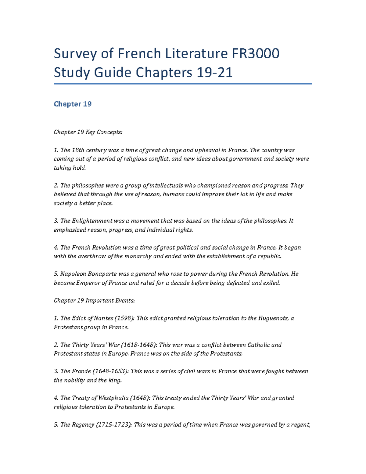 Survey of French Literature FR3000 Study Guide Chapters 1921 Survey