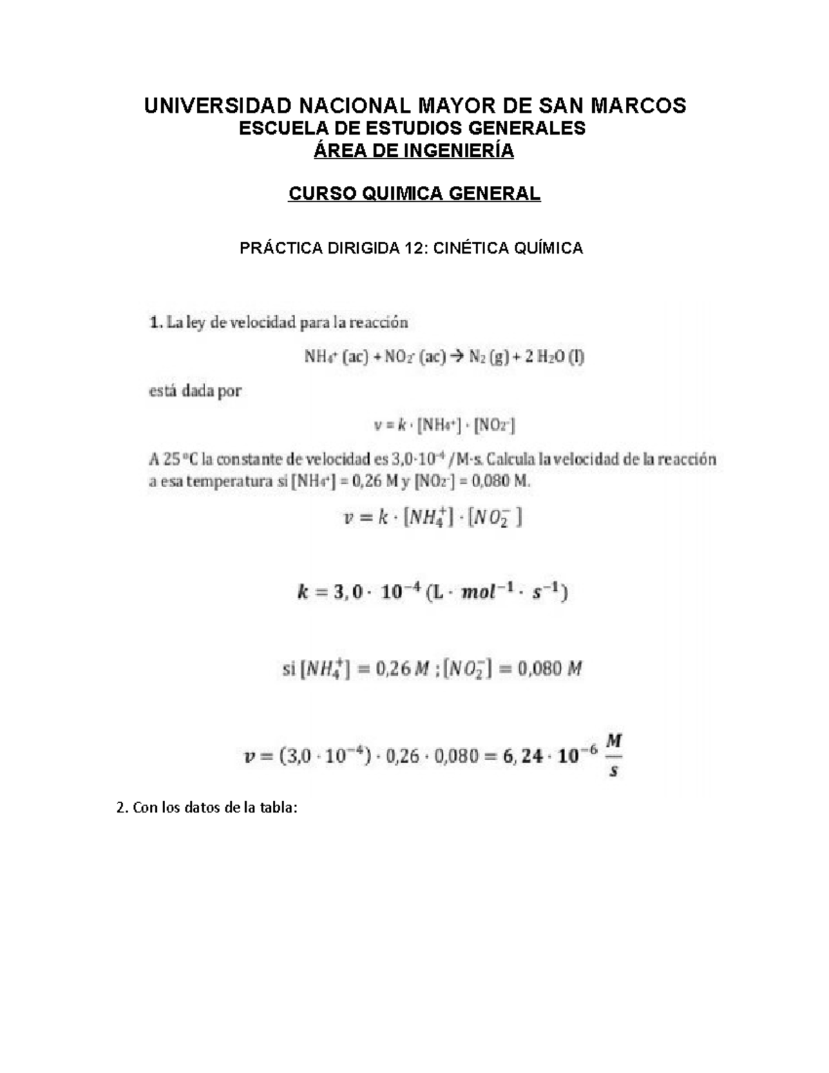 PD12 Cinetica Qu mica UNIVERSIDAD NACIONAL MAYOR DE SAN MARCOS