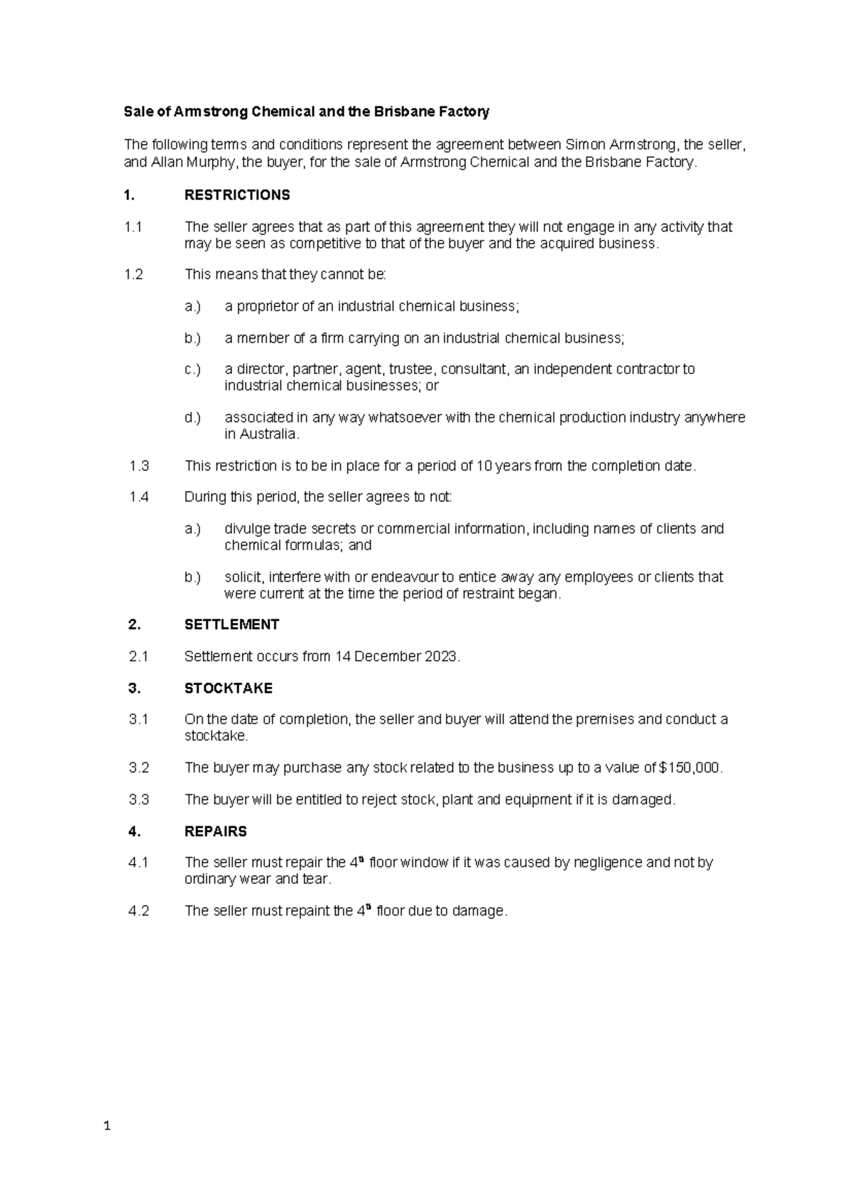 LLB202 Task B Contract Redraft - Sale of Armstrong Chemical and the ...