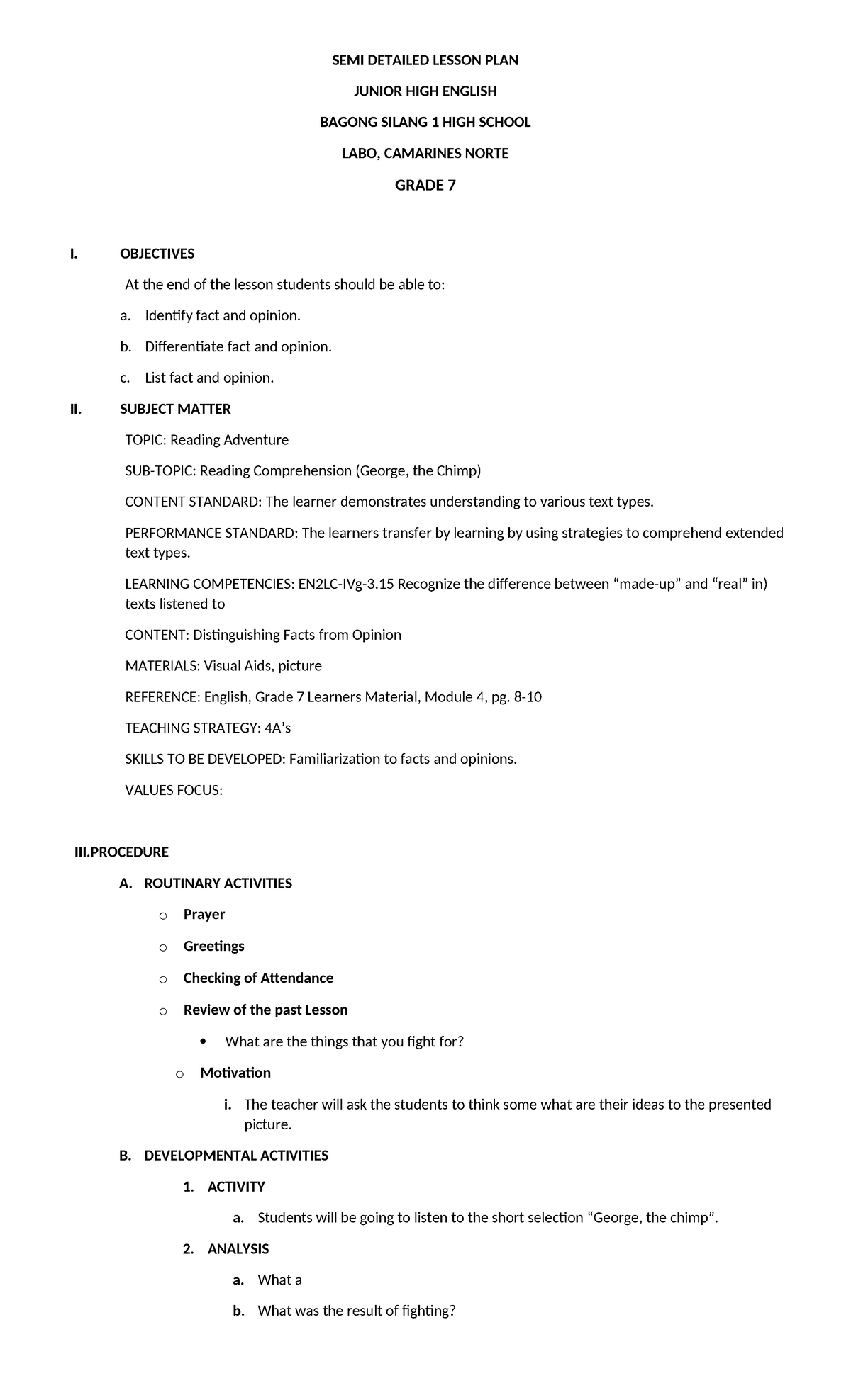 Lpd - Lesson Plan - Semi Detailed Lesson Plan Junior High English 