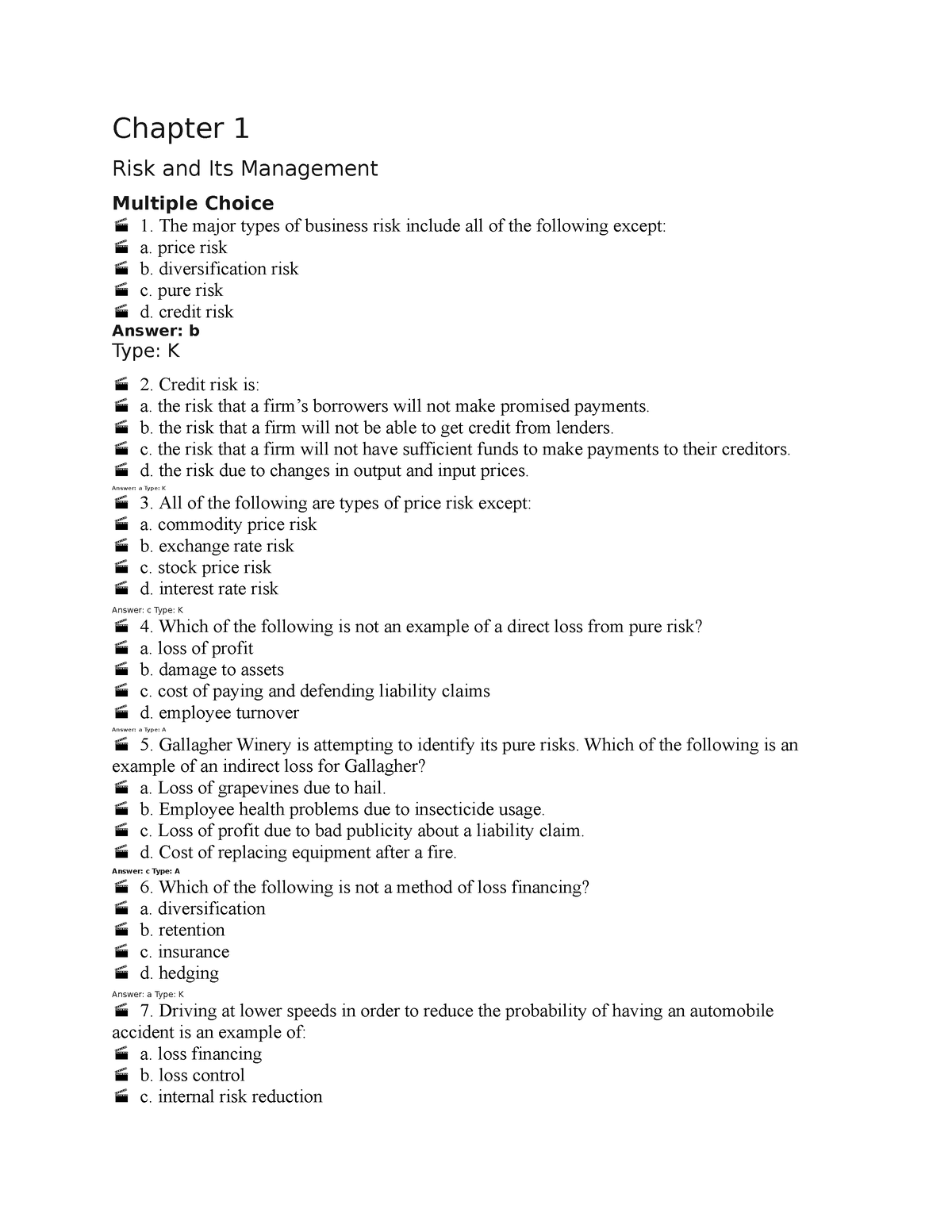 MCQs - Test Bank - Risk Management And Insurance - Chapter 1 Risk And ...