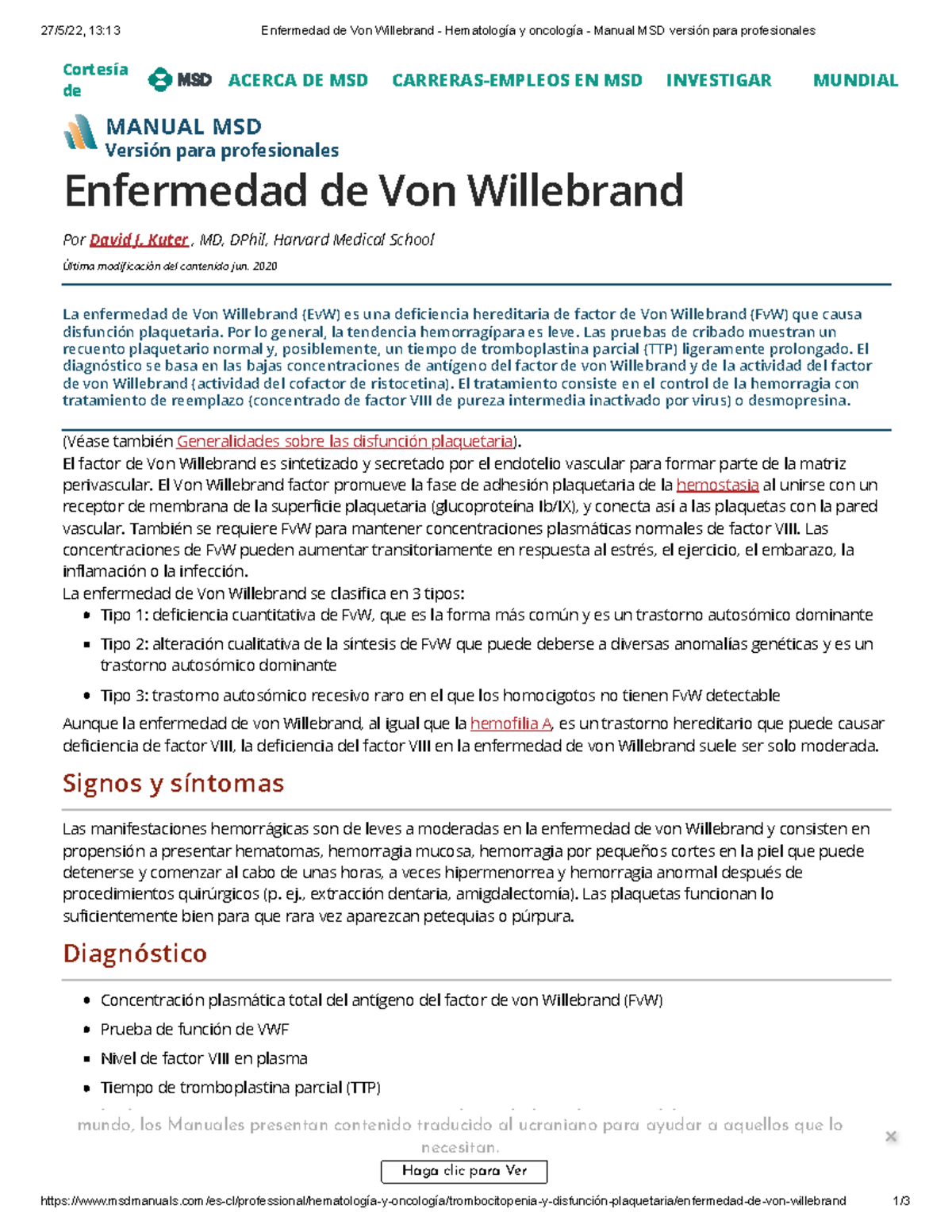 Enfermedad De Von Willebrand Hematología Y Oncología Manual Msd Versión Para Profesionales