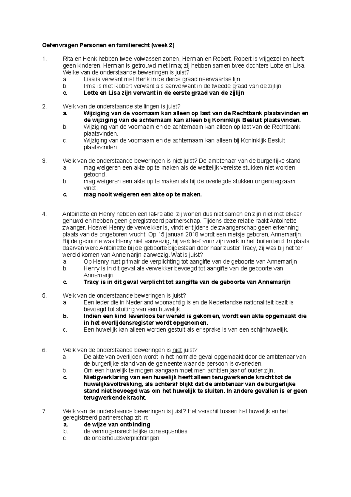 Oefenvragen Week Personen En Familierecht Met Antwoorden Oefenvragen Personen En