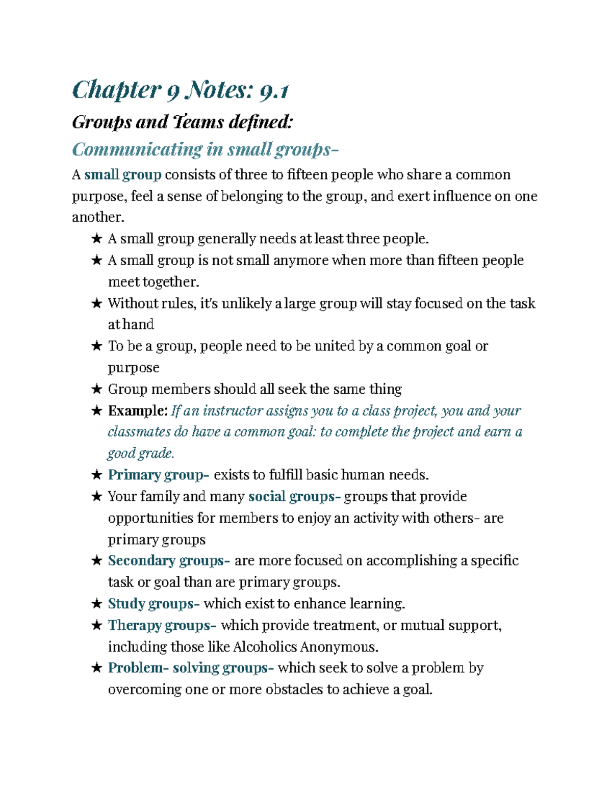 Chapter 9.1 notes - Chapter 9 Notes: 9. Groups and Teams defined ...