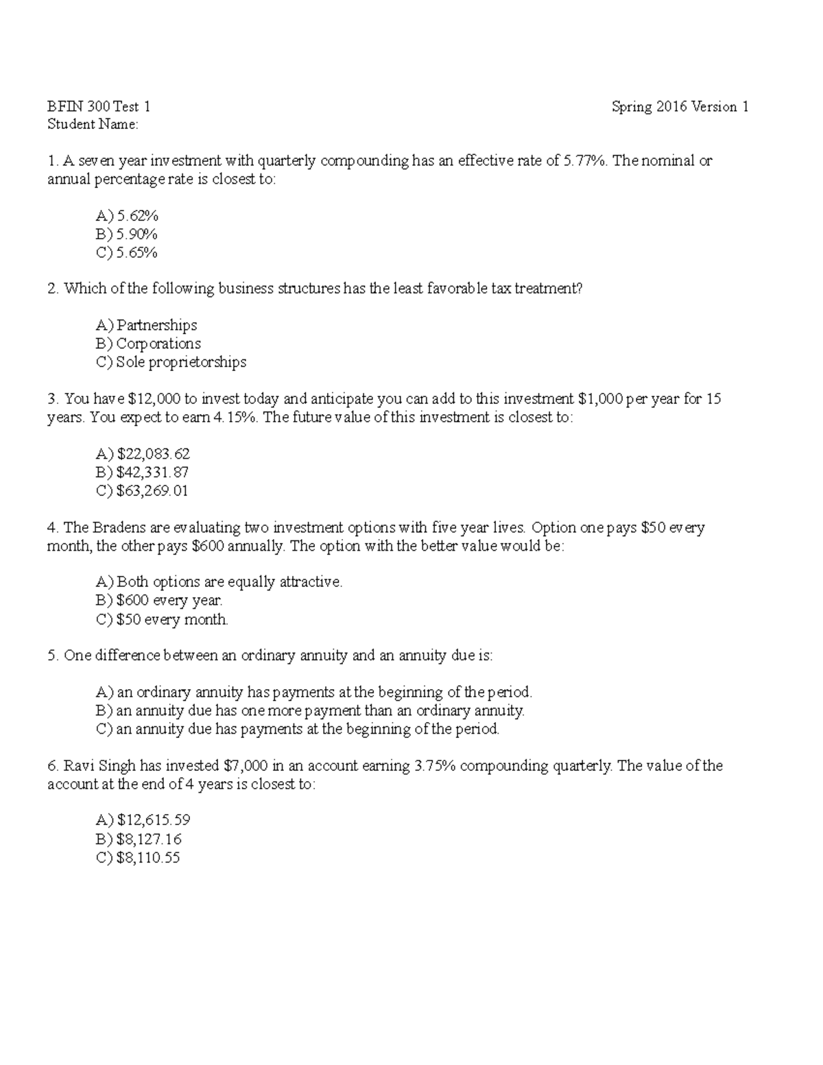 BFIN 300 SP16 Test 1 V1 - Practice Problems - BFIN 300 Test 1 Student ...