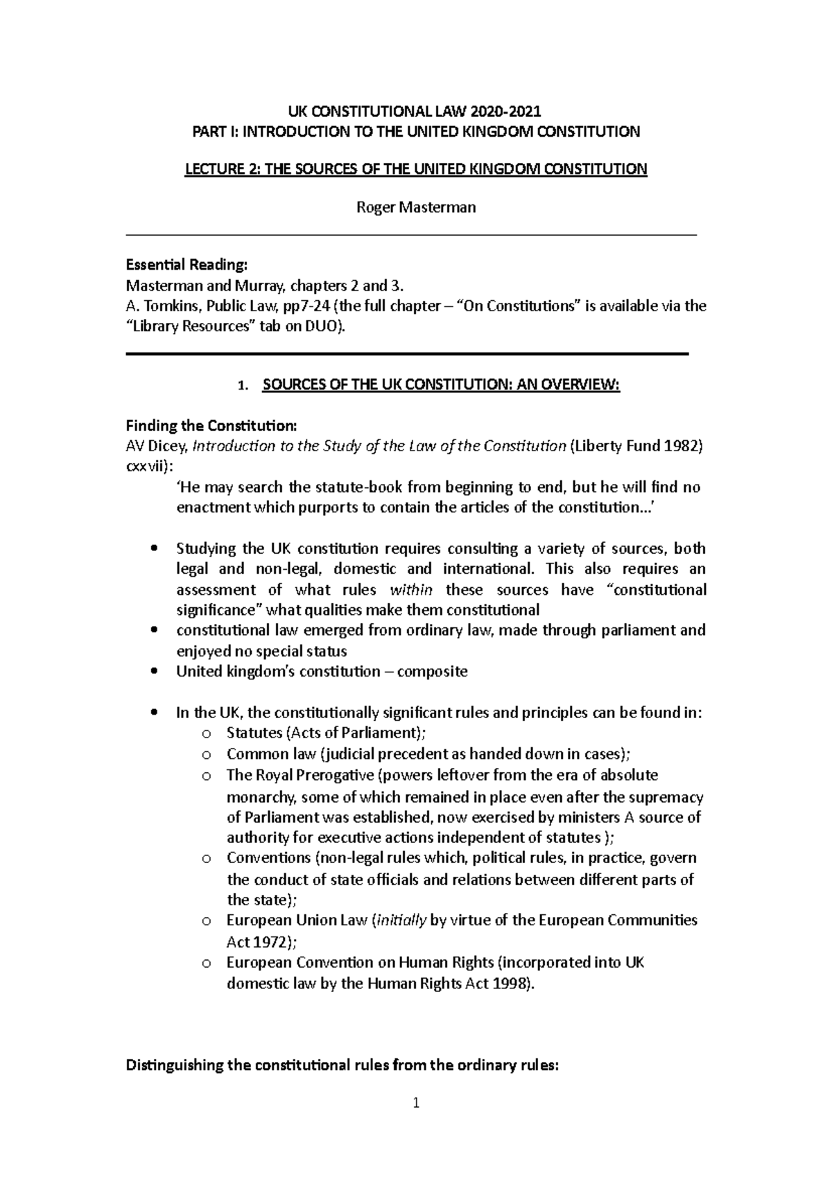 Lecture 2 Sources of law UK CONSTITUTIONAL LAW 2020 PART I INTRODUCTION TO THE UNITED