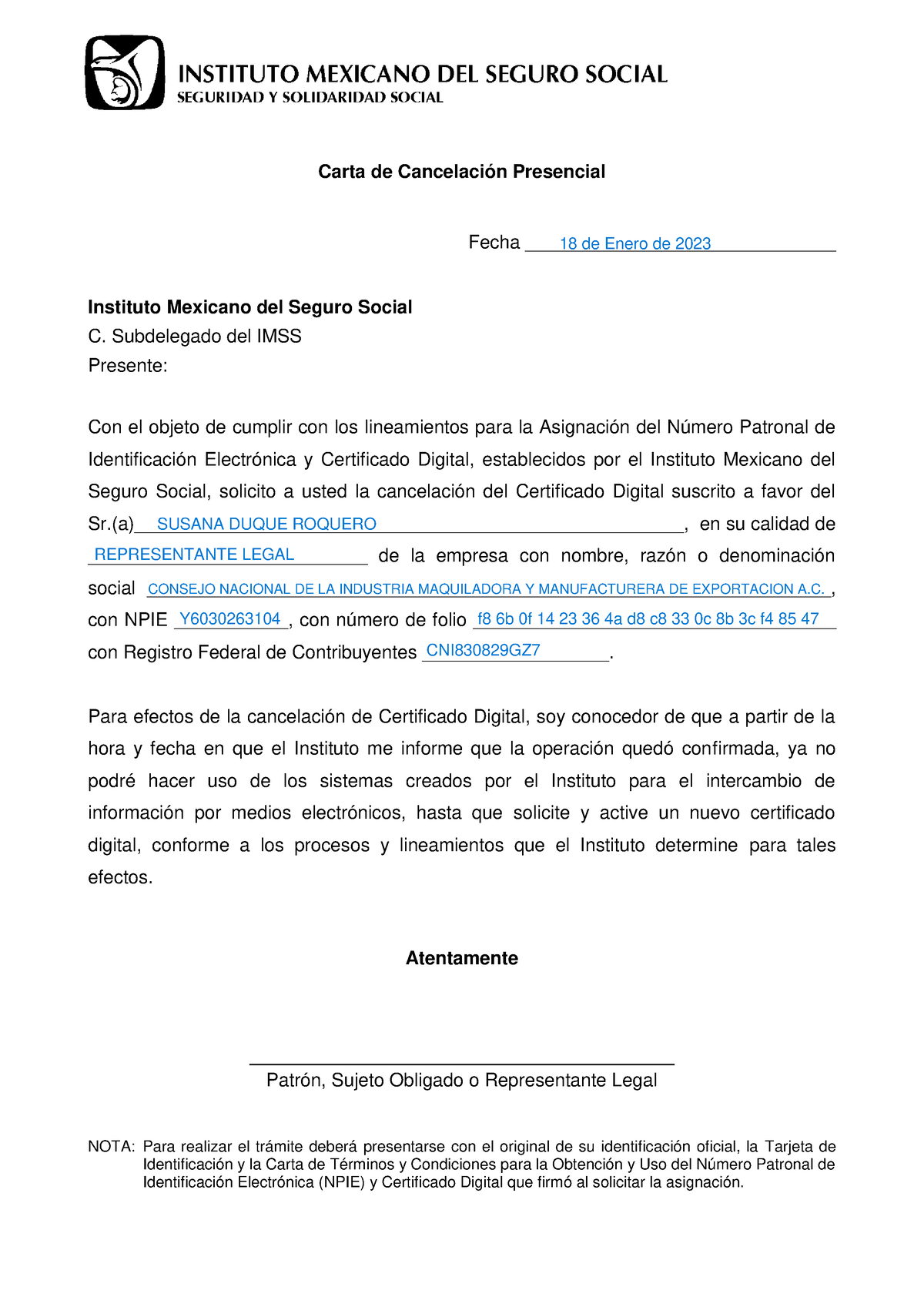 Solicitud Cancelacion De Certificado Digital Presencial Carta De Cancelación Presencial Fecha 8781