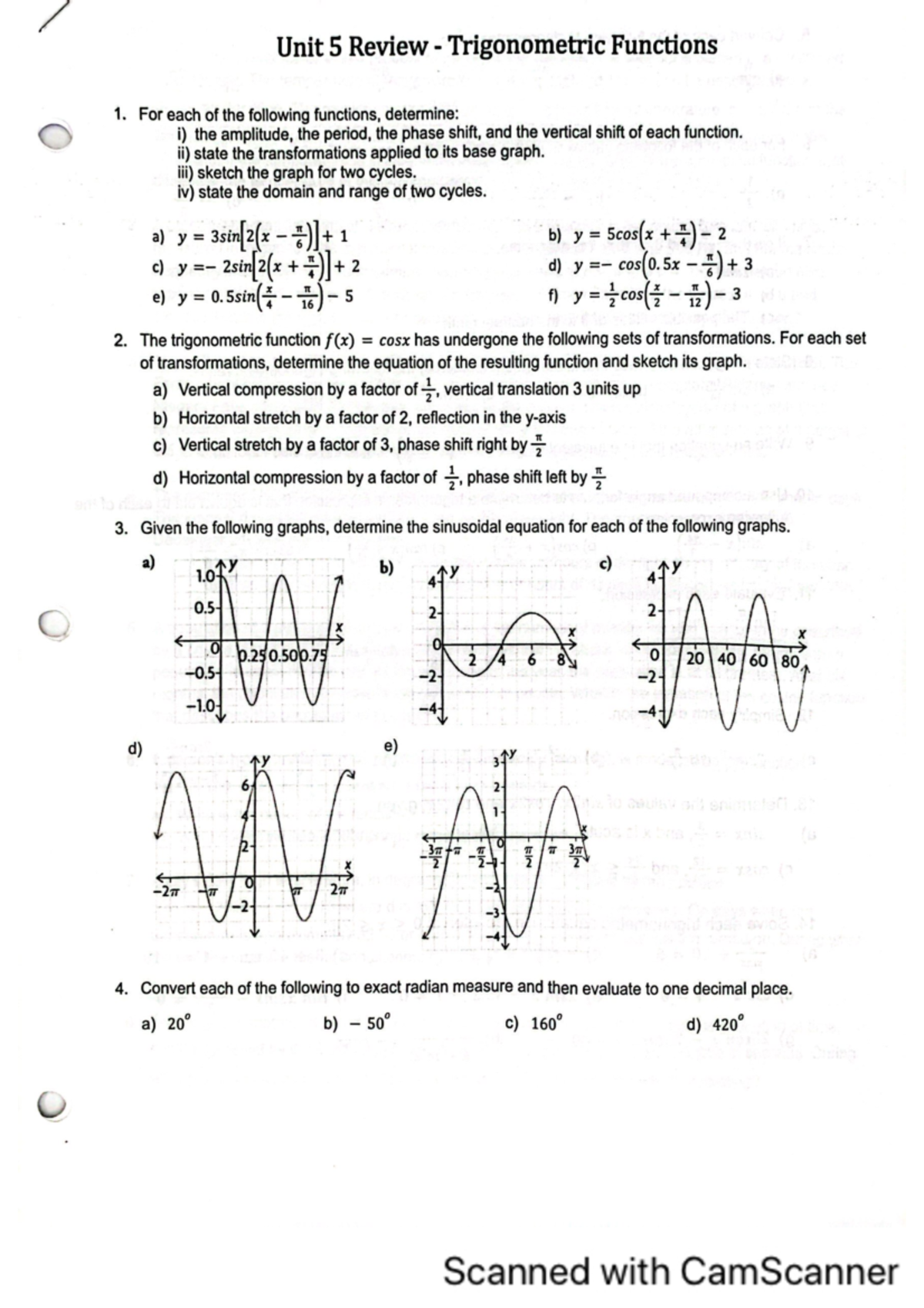 Unit 5 Review - Trigonometric Functions - For each of the following ...