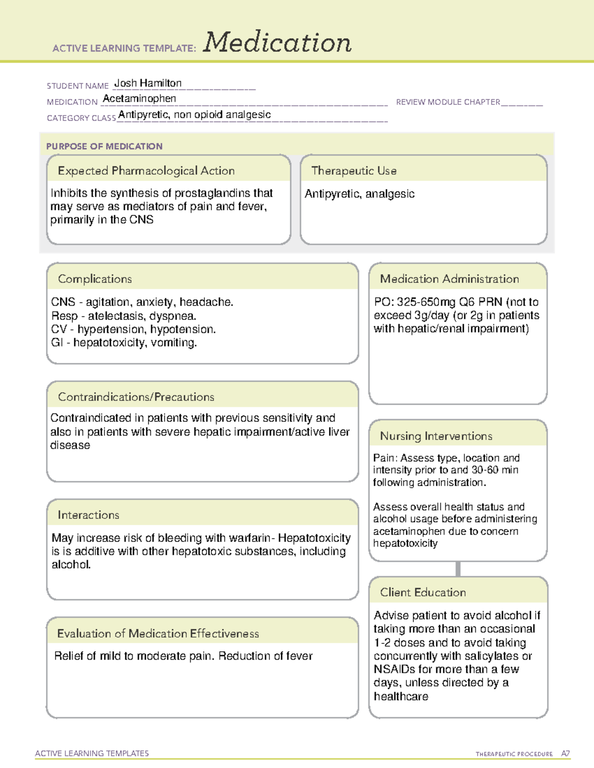 Acetaminophen ALT ACTIVE LEARNING TEMPLATES TherapeuTic procedure A