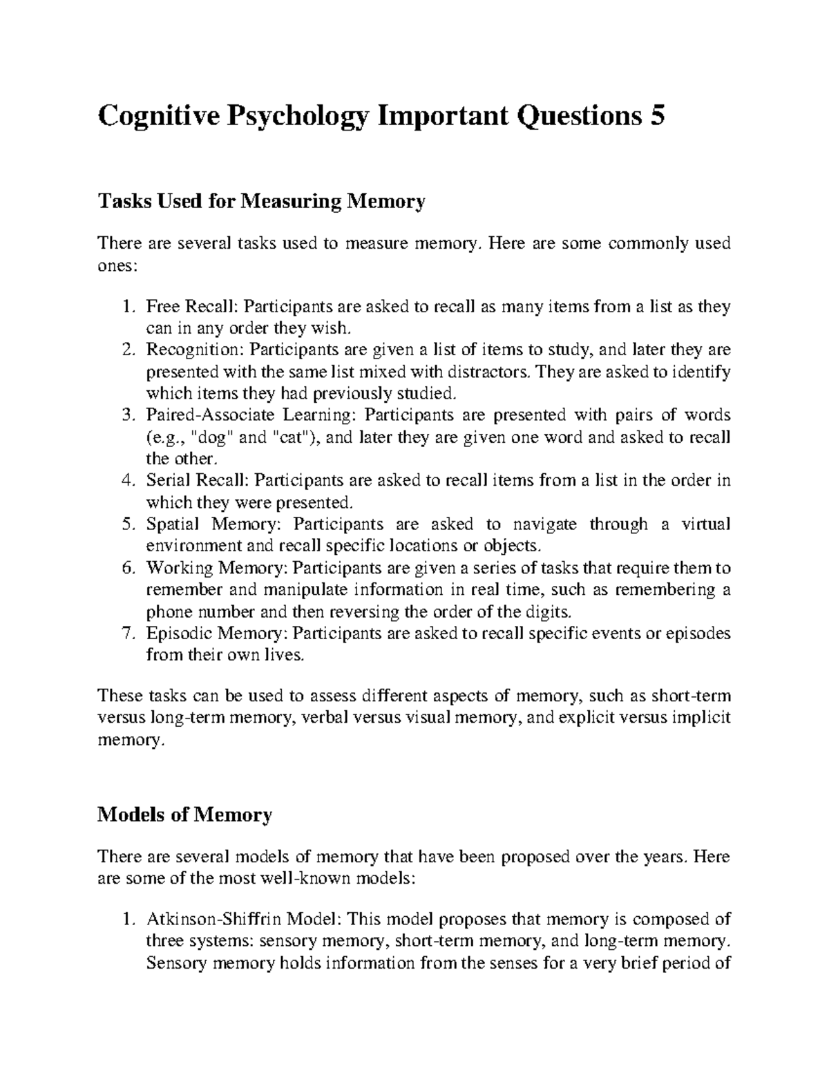 Cognitive Psychology Important Questions 5 - Here are some commonly ...