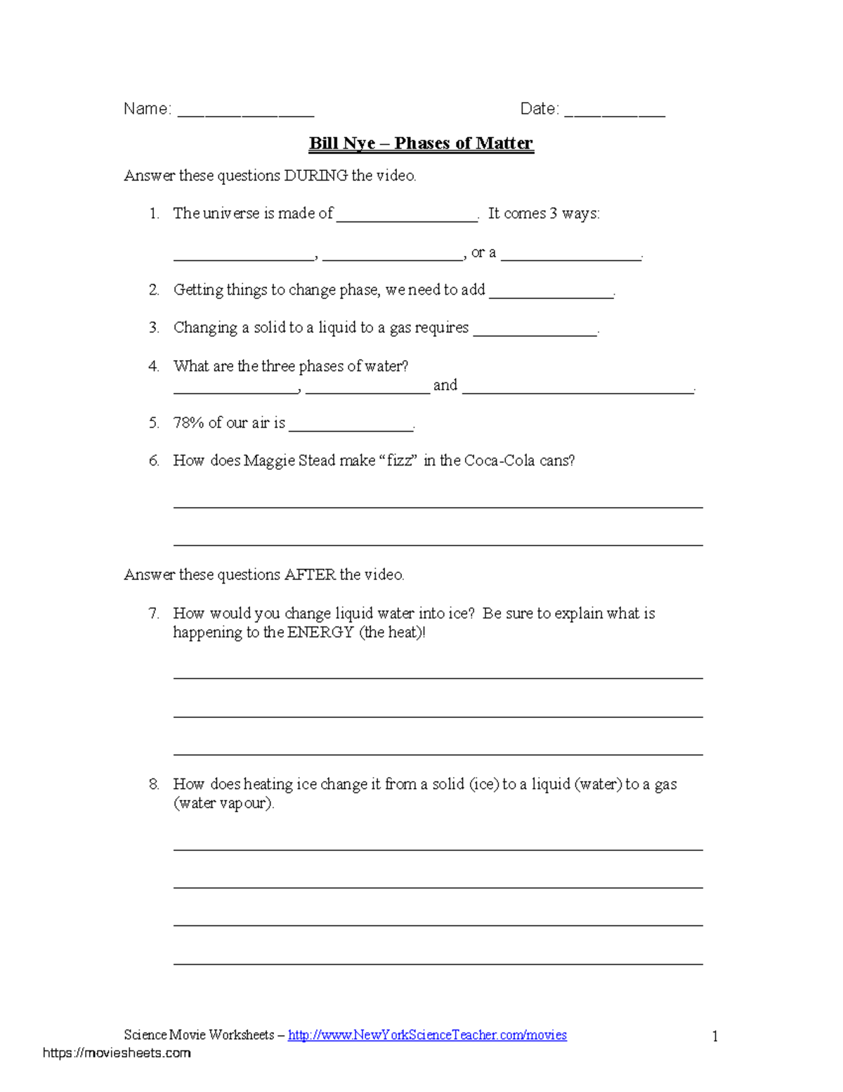 Bill Nye Phases of Matter Science Movie Worksheets