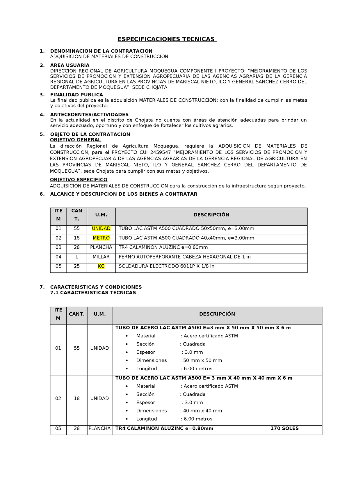 E.T Materiales DE Cobertura - ESPECIFICACIONES TECNICAS 1. DENOMINACION ...