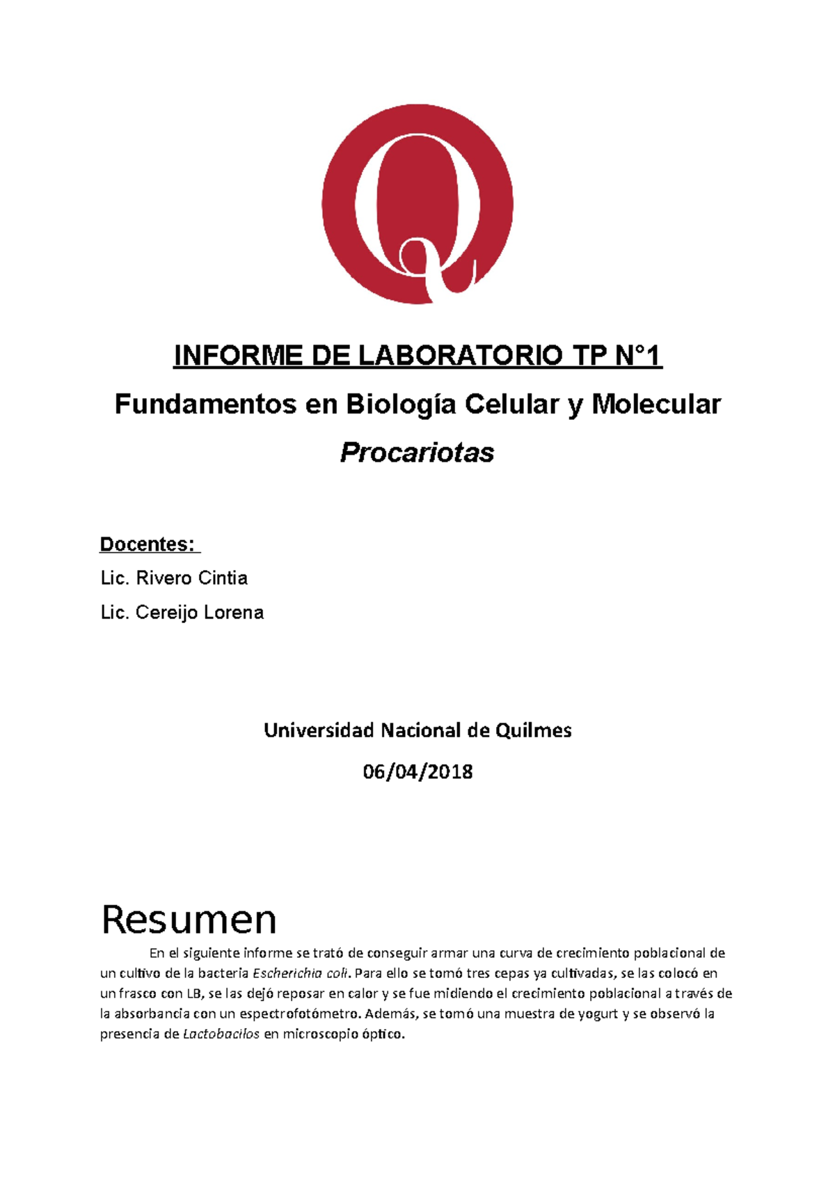 Informe De Laboratorio Tp N 1 Informe De Laboratorio Tp N°1