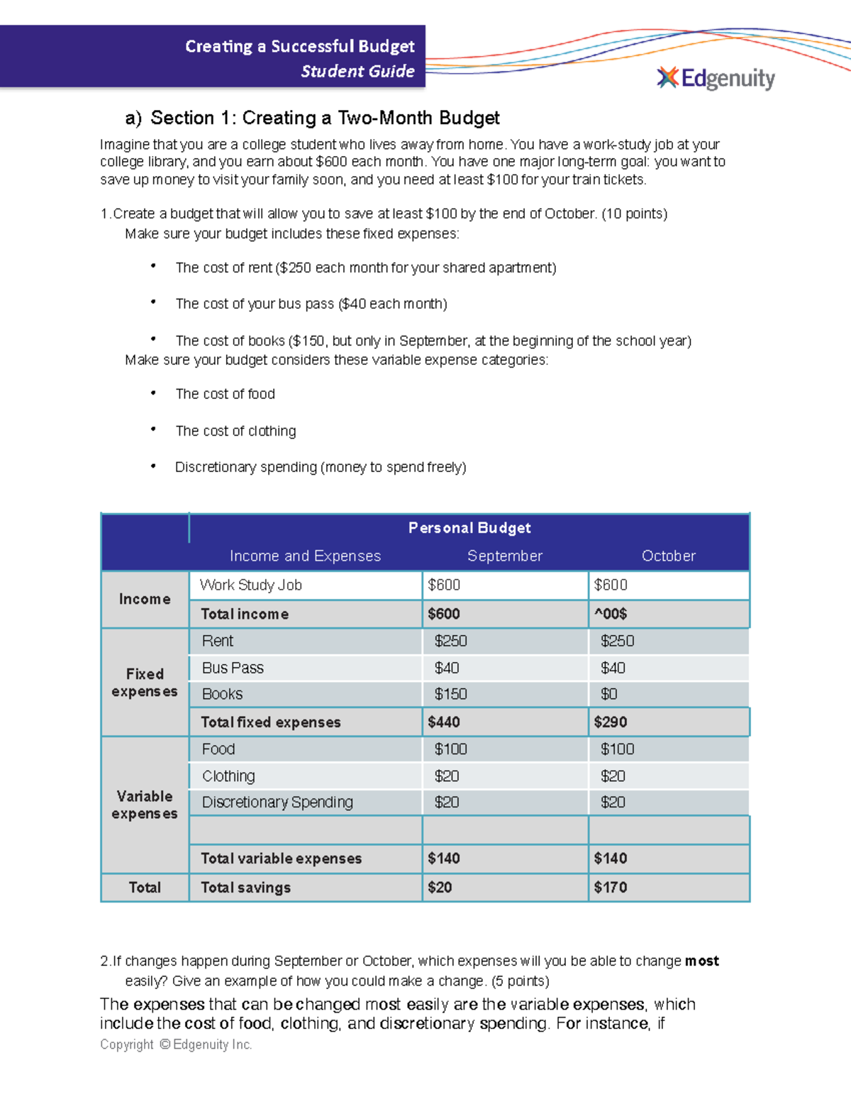 Budget Project 10/21 - Crea%ng a Successful Budget Student Guide a ...