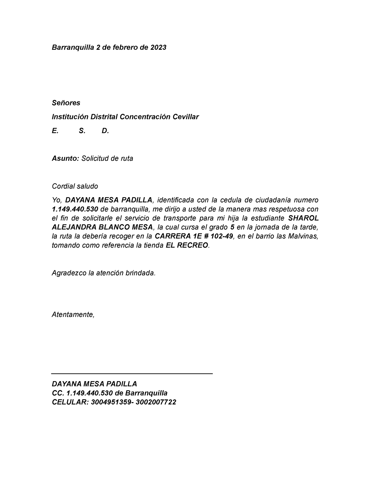 Solicitud DE RUTA - carta - Barranquilla 2 de febrero de 2023 Señores ...